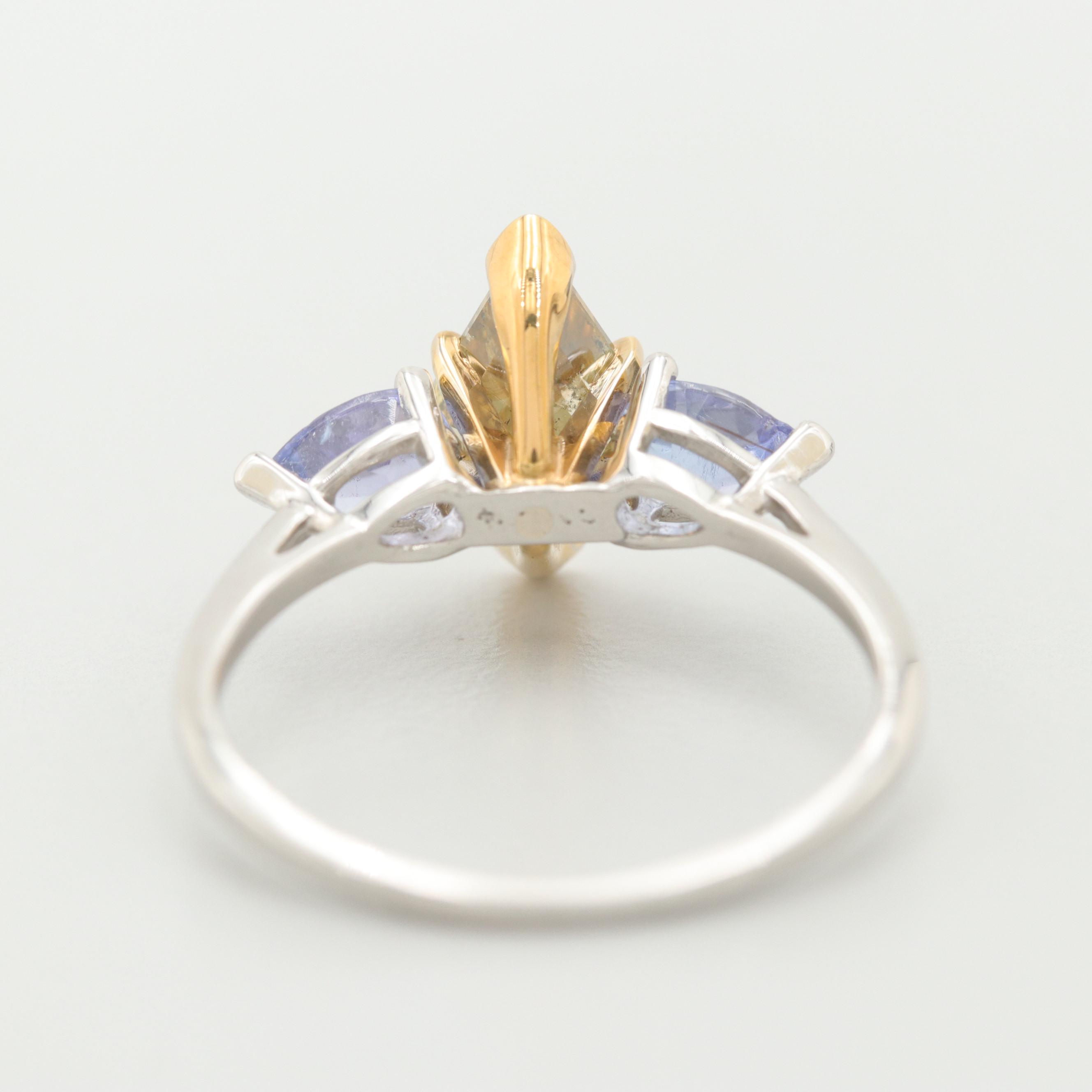 Platinum 1.54 CT Fancy DBG Yellow Diamond and Tanzanite Ring with GIA Report