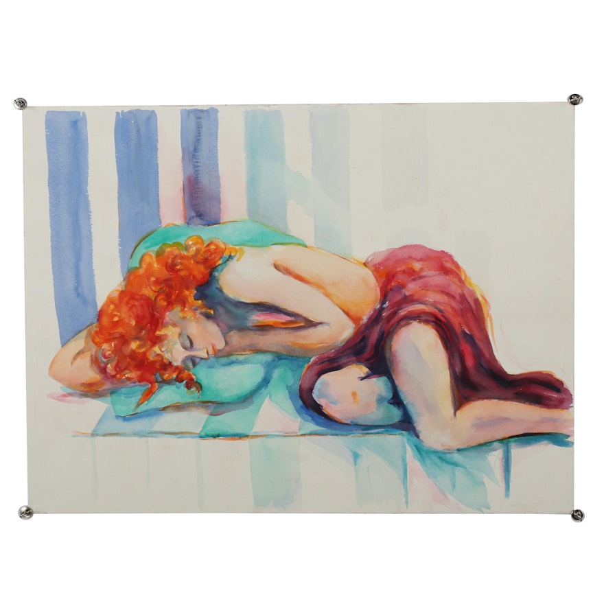 Late 20th Century Figural Watercolor Painting