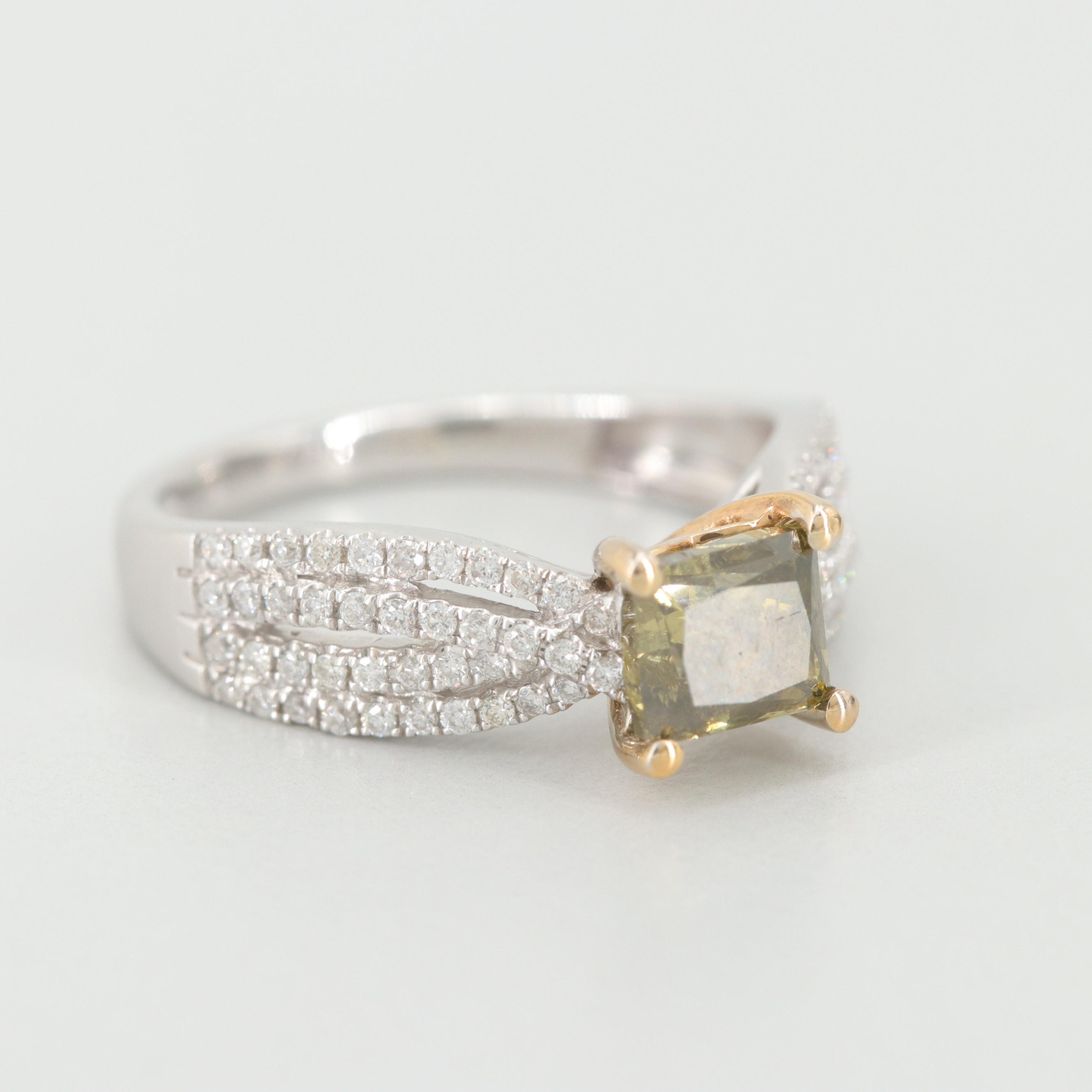 18K White Gold 1.53 CTW Fancy DG Greenish Yellow Diamond Ring Set and GIA Report