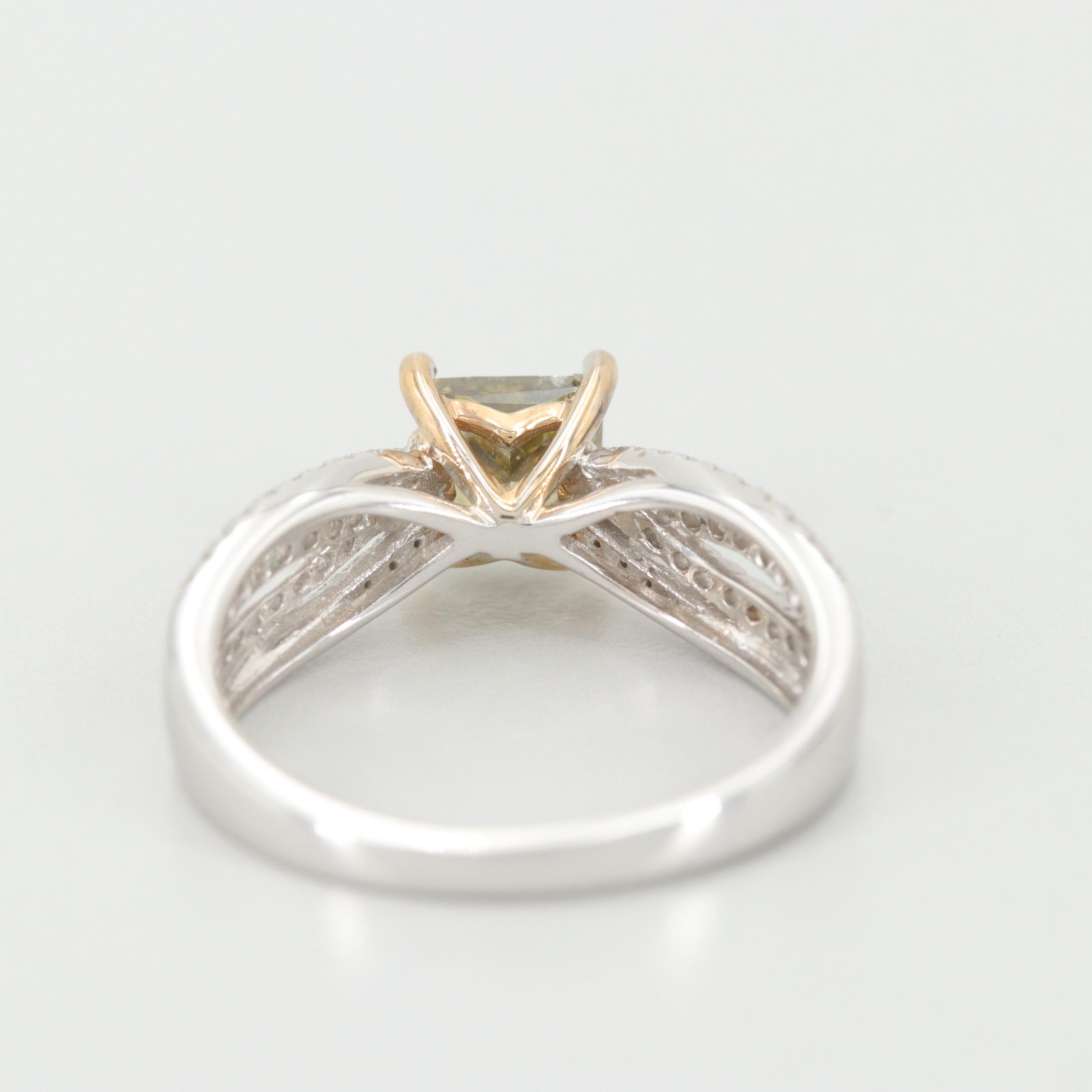 18K White Gold 1.53 CTW Fancy DG Greenish Yellow Diamond Ring Set and GIA Report