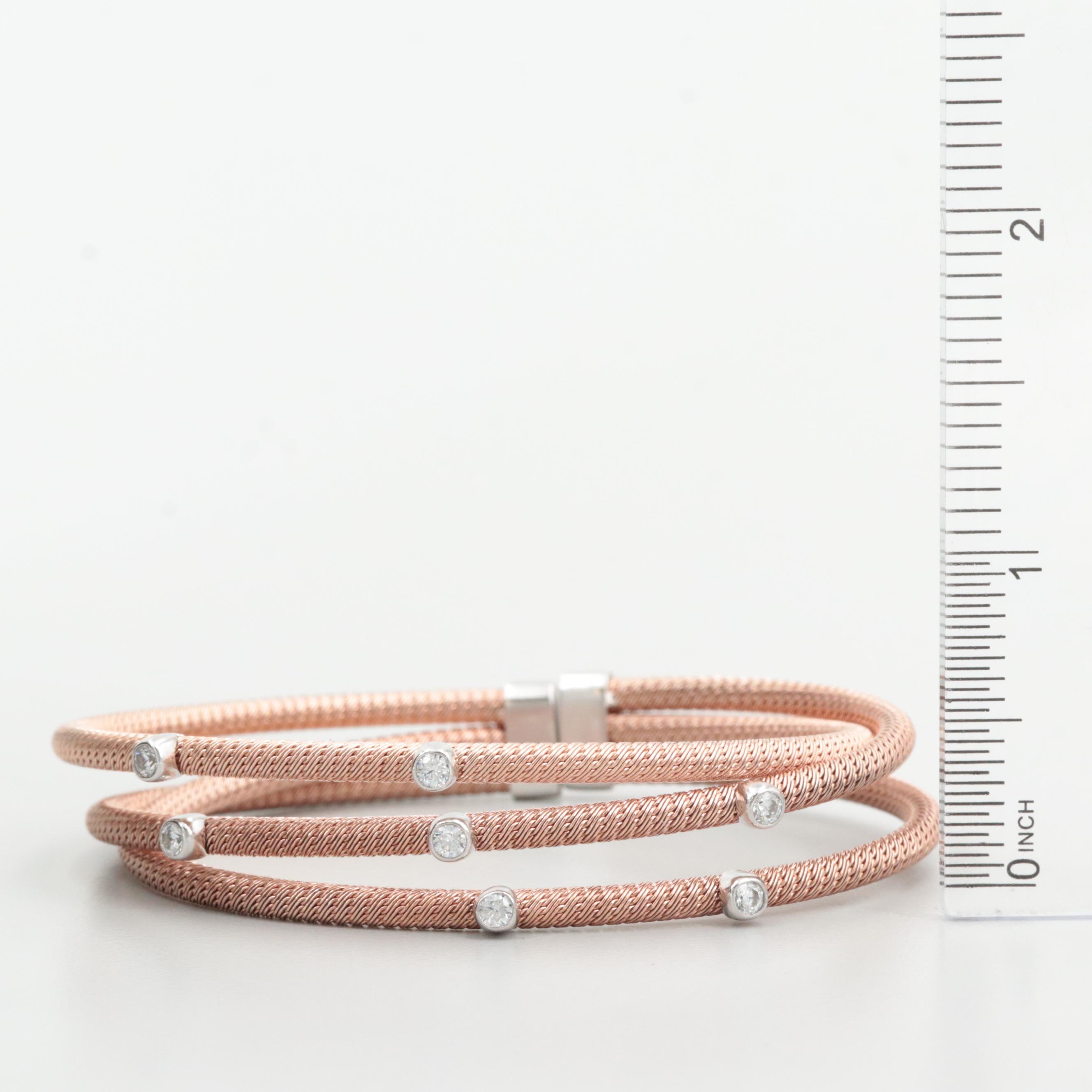 Rose Tone Wash on Sterling Silver Cubic Zirconia Cuff Bracelet