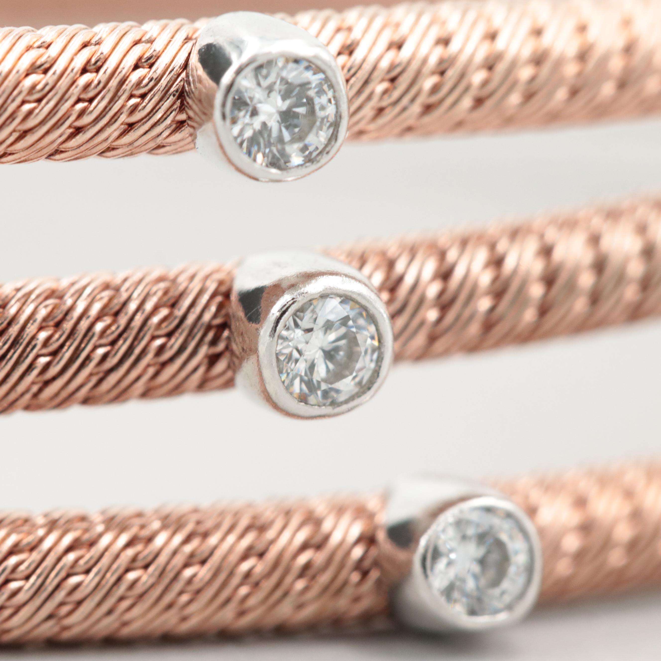 Rose Tone Wash on Sterling Silver Cubic Zirconia Cuff Bracelet