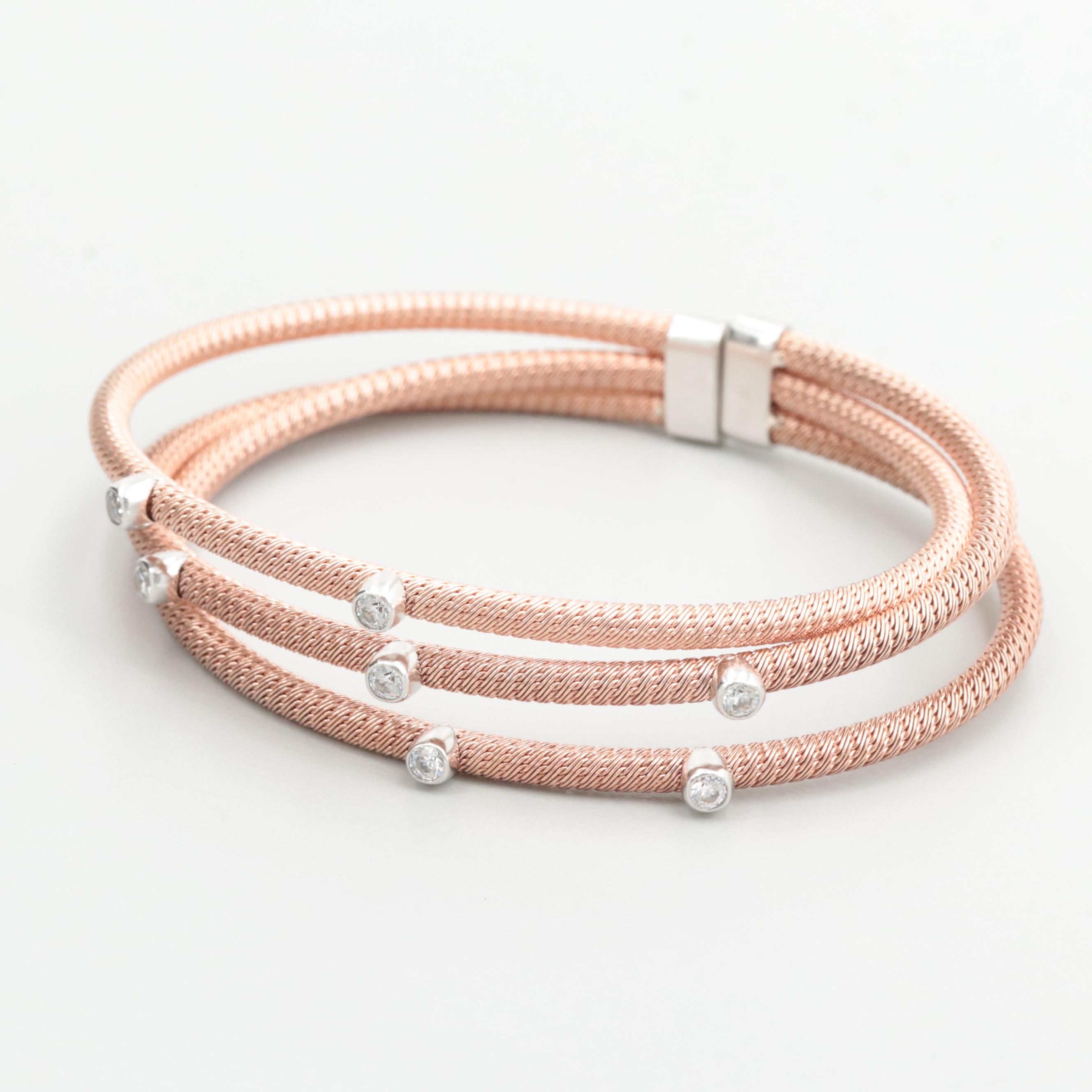 Rose Tone Wash on Sterling Silver Cubic Zirconia Cuff Bracelet