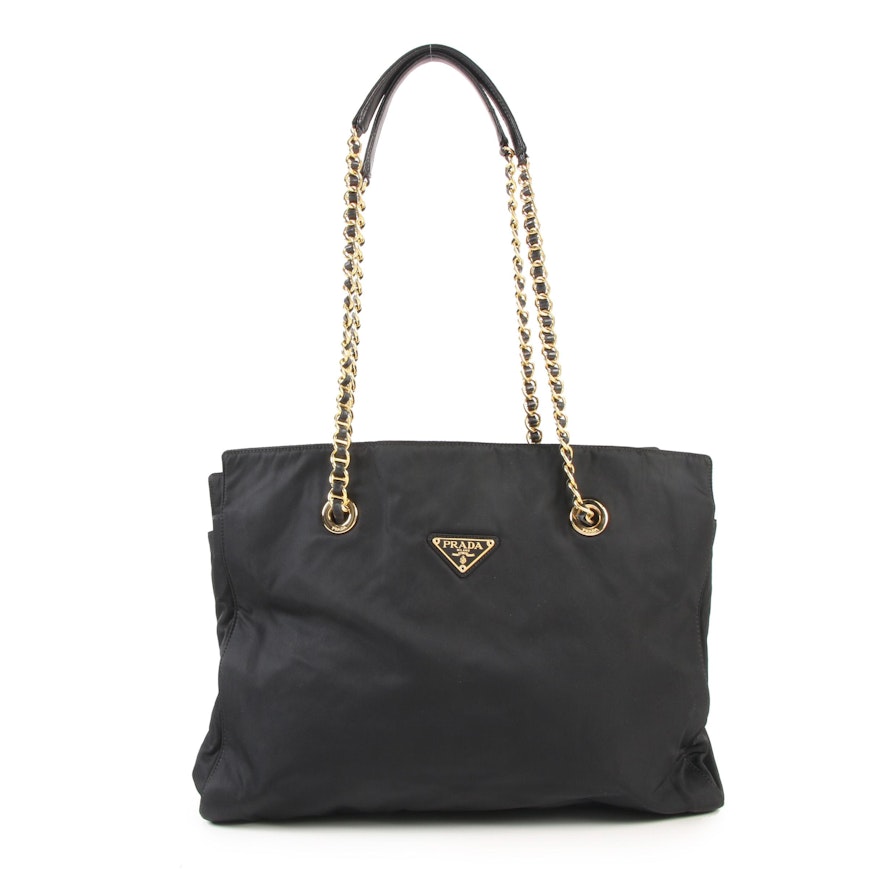 Prada Black Nylon Tote with Tessuto Catena Straps