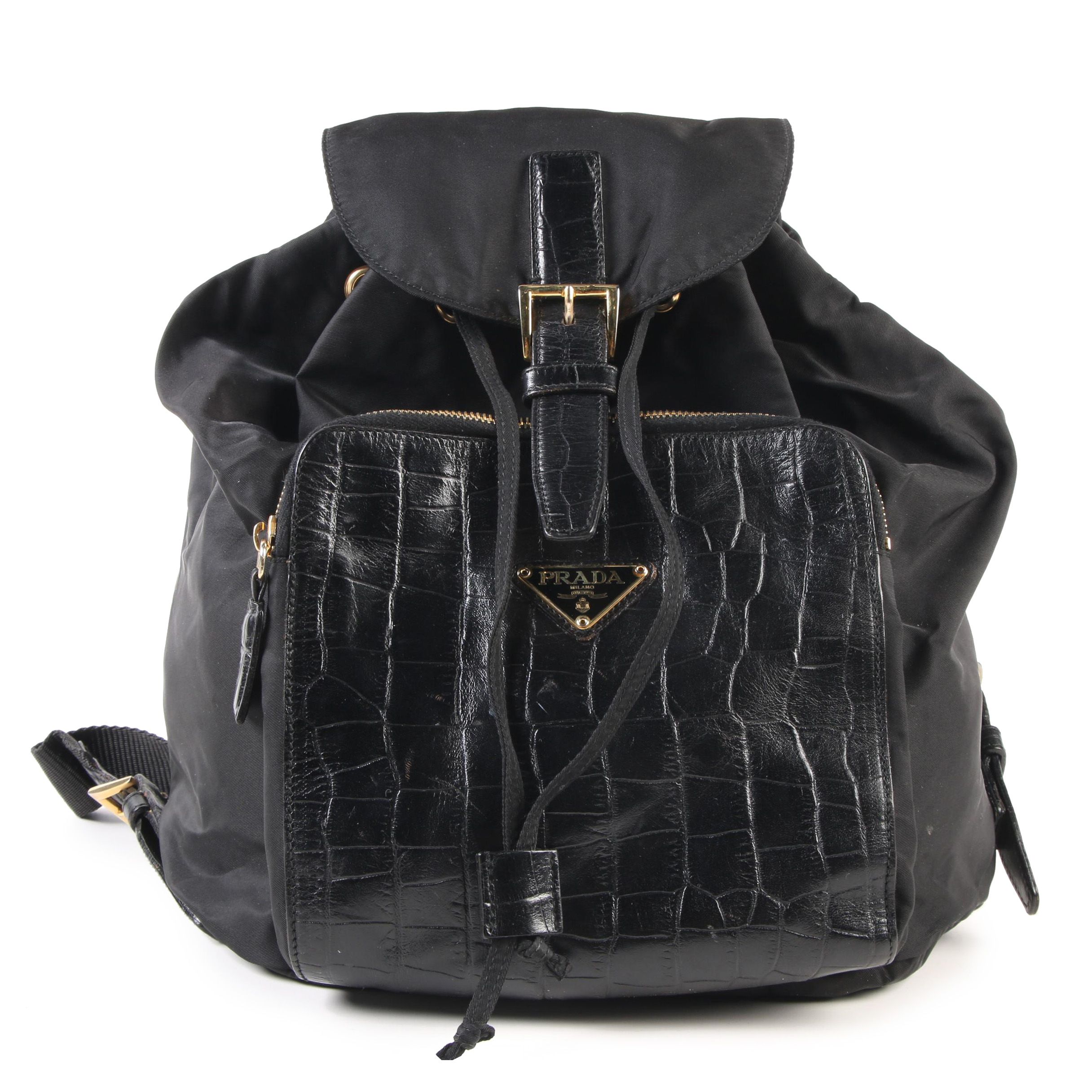 Prada Black Nylon and Alligator Embossed Leather Backpack