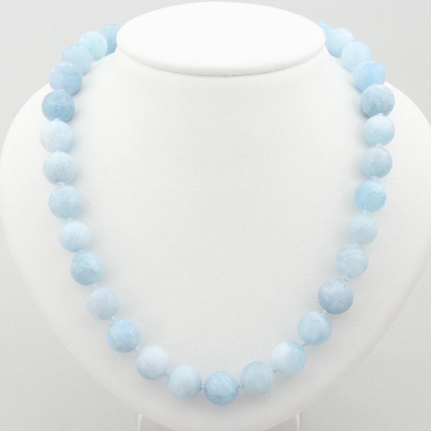 Sterling Silver Blue Beryl Individually Knotted Beaded Necklace