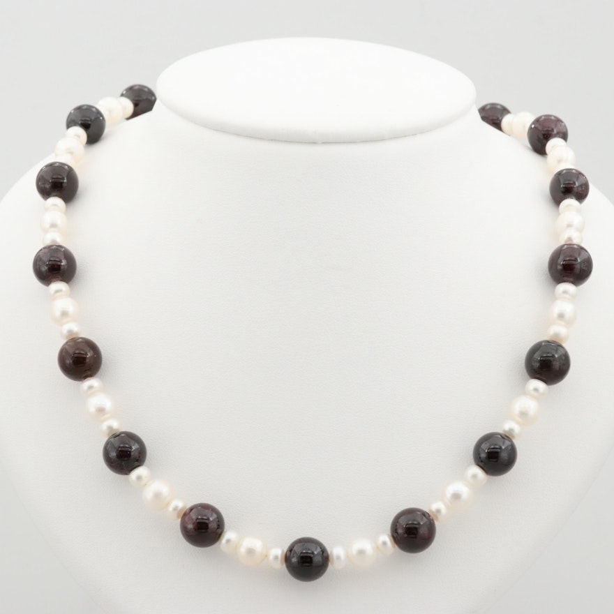 14K Yellow Gold Cultured Pearl and Rhodolite Garnet Beaded Necklace