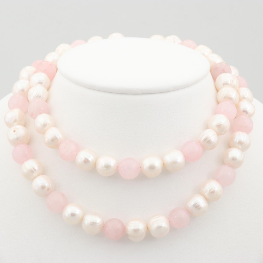 14K Yellow Gold Cultured Pearl and Rose Quartz Necklace