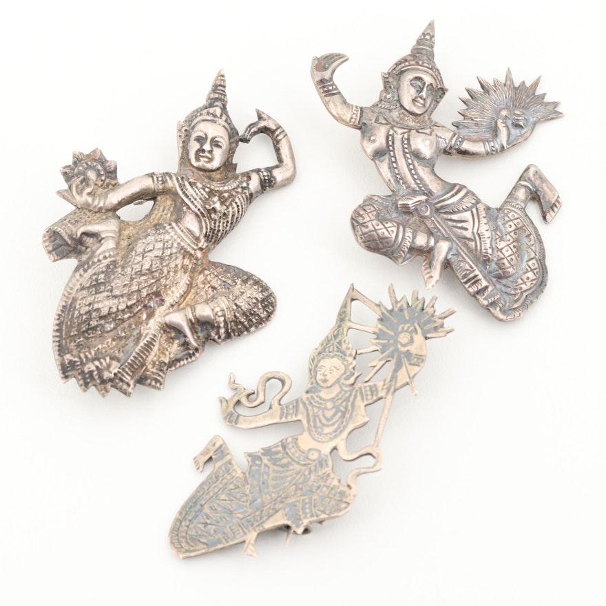 Sterling and 800 Silver Niello Goddess Mekhala Themed Brooches