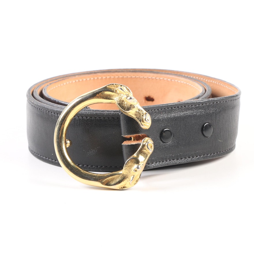 Tony Lama Gold Label Black Leather Belt with Horse Ring Buckle