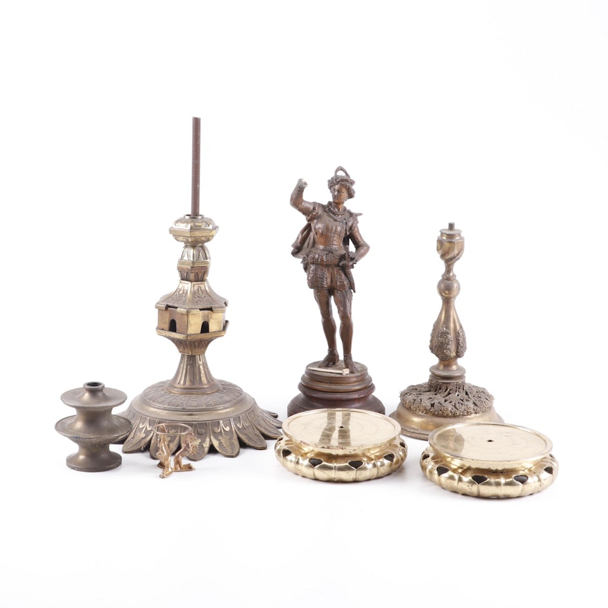 Spelter Swordsman Sculpture and Lamp Parts of Brass and Metal