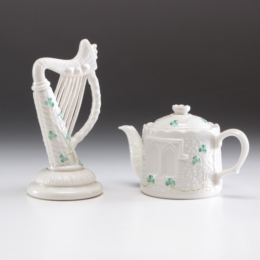 Belleek Porcelain "Shamrock" Teapot and Harp Figurine, Mid to Late 20th Century