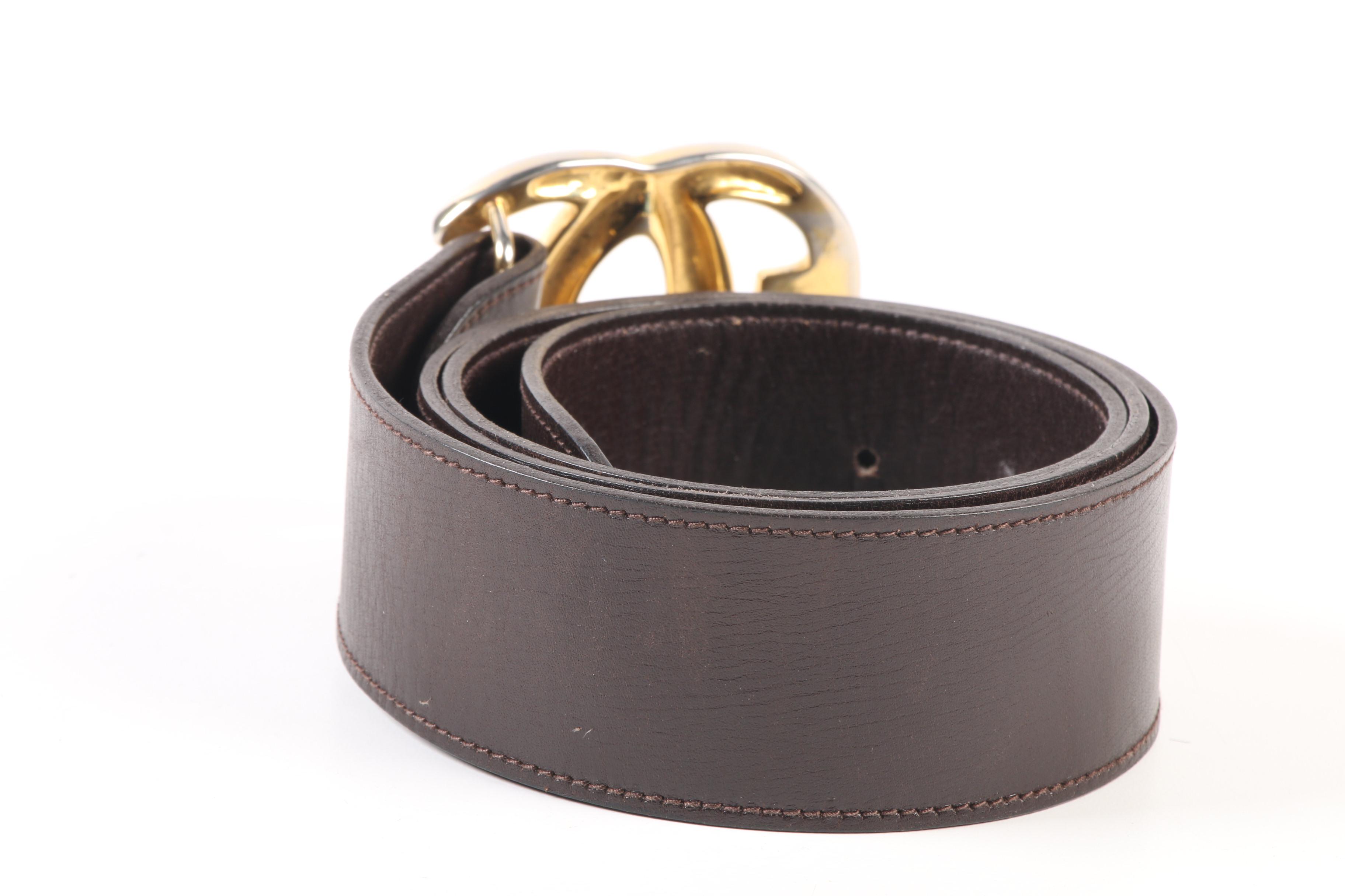 Gucci Brown Leather Belt with GG Gold Tone Buckle Marked G. Gucci-Italy, Vintage