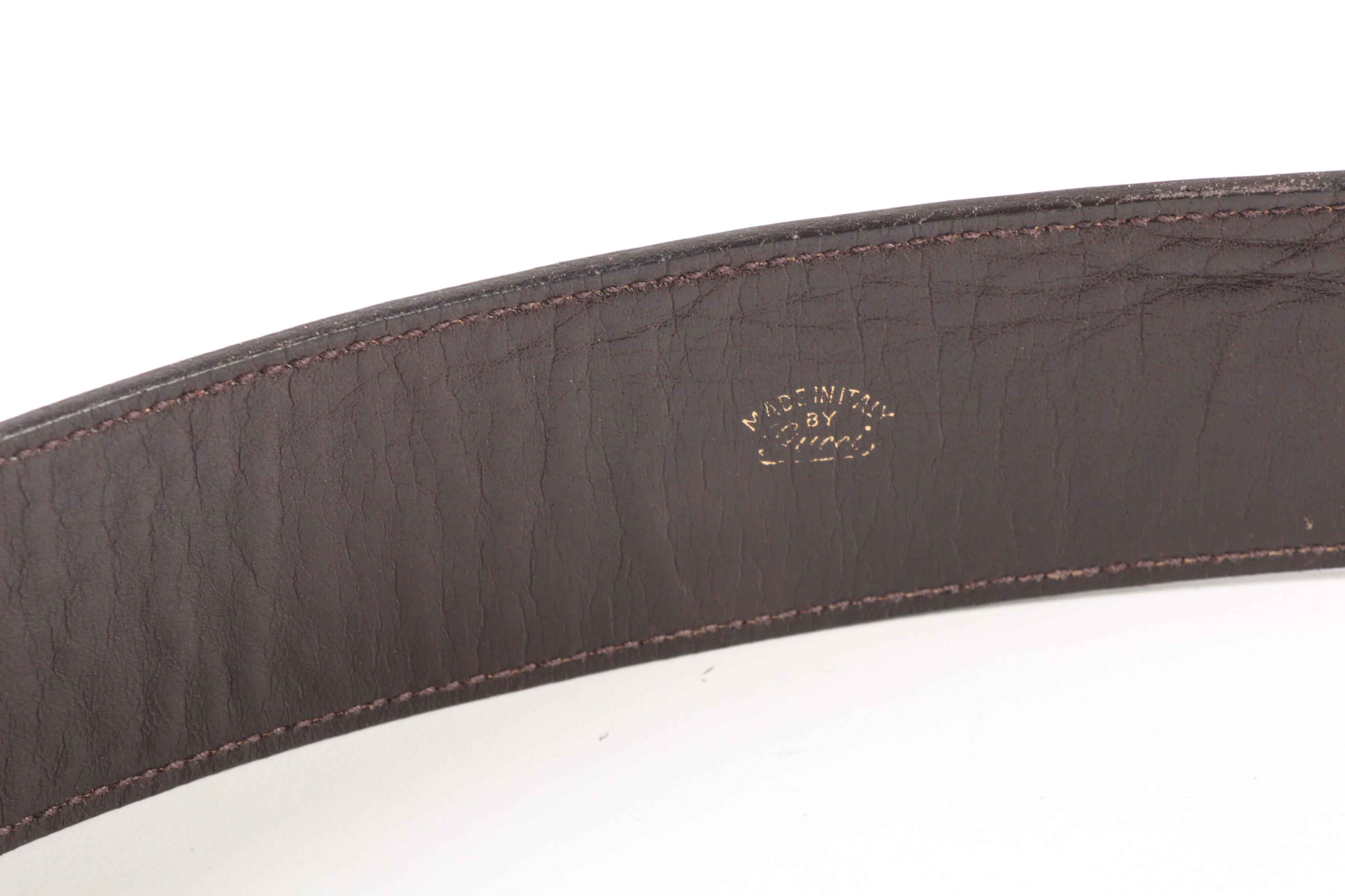 Gucci Brown Leather Belt with GG Gold Tone Buckle Marked G. Gucci-Italy, Vintage