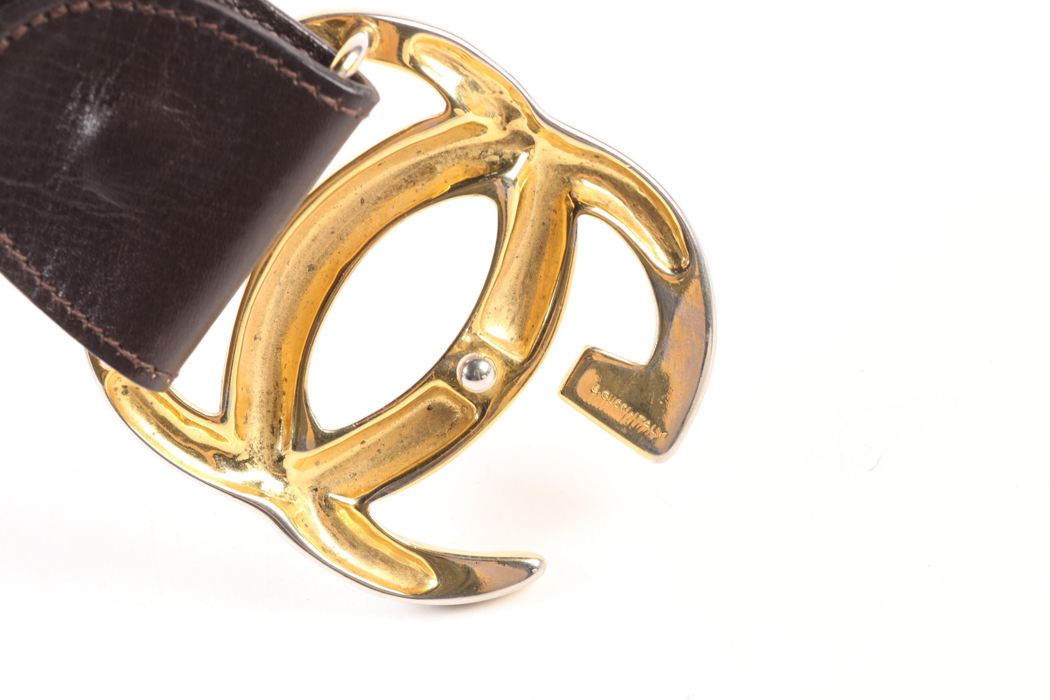 Gucci Brown Leather Belt with GG Gold Tone Buckle Marked G. Gucci-Italy, Vintage