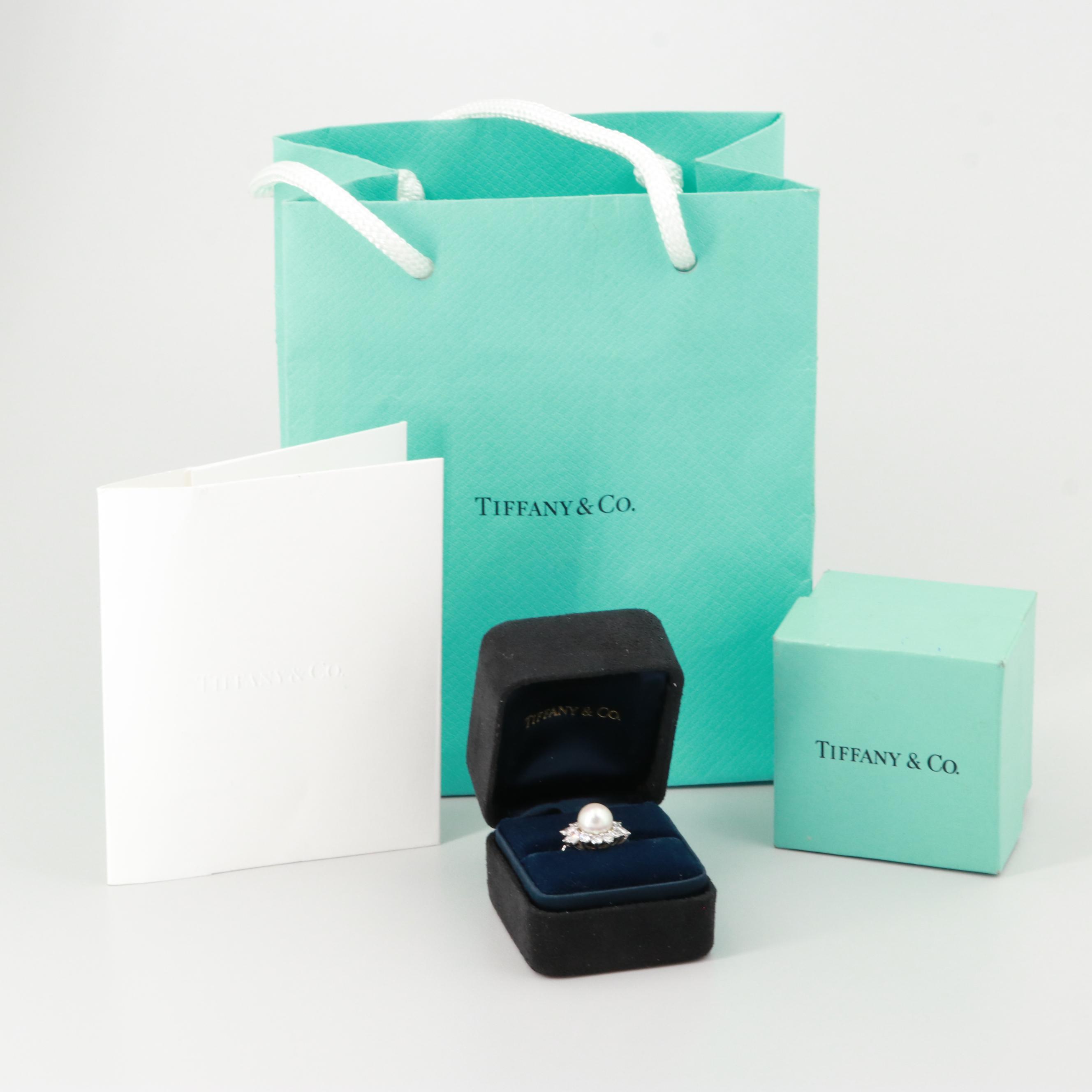 Tiffany & Co. Platinum Cultured Pearl and Diamond Ring