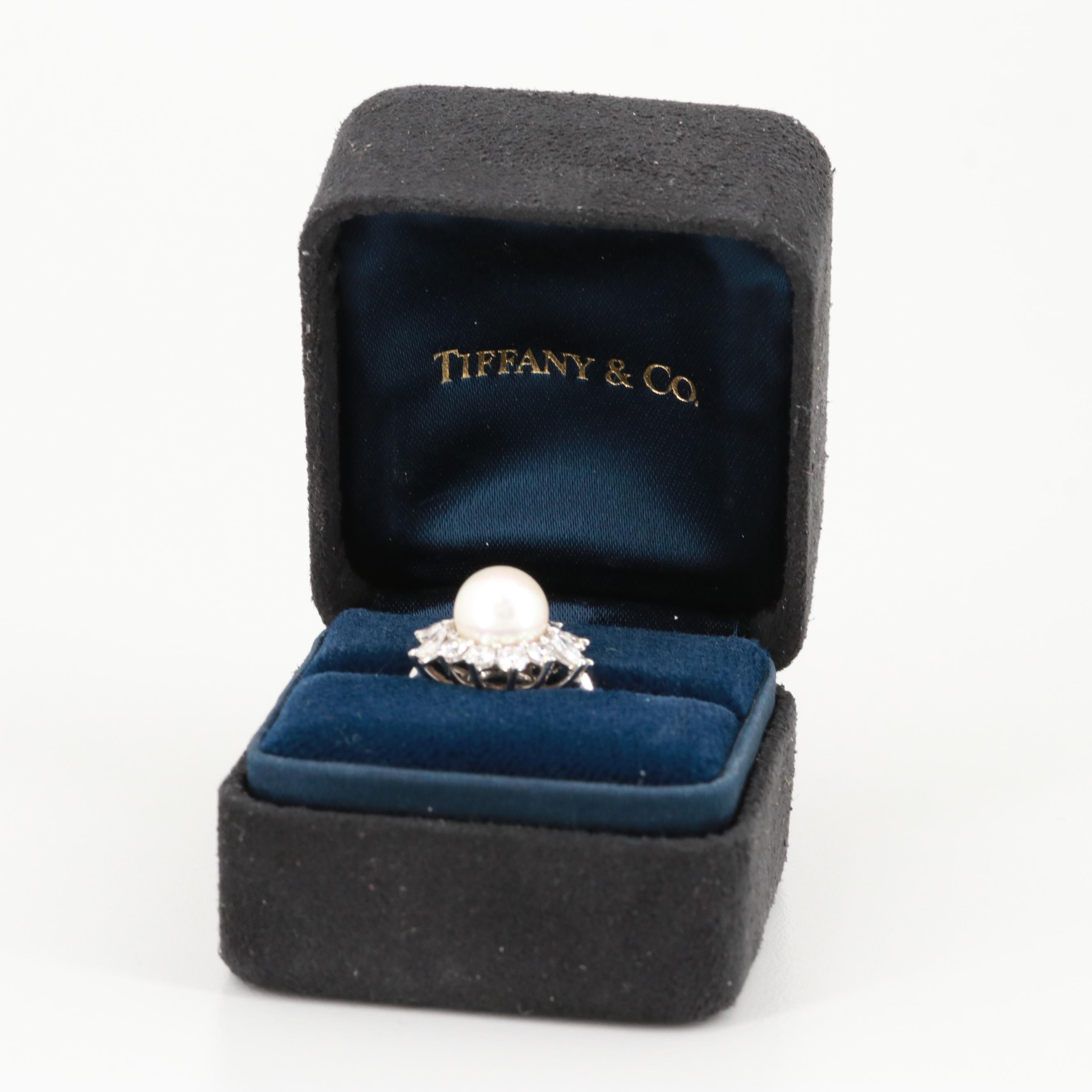 Tiffany & Co. Platinum Cultured Pearl and Diamond Ring