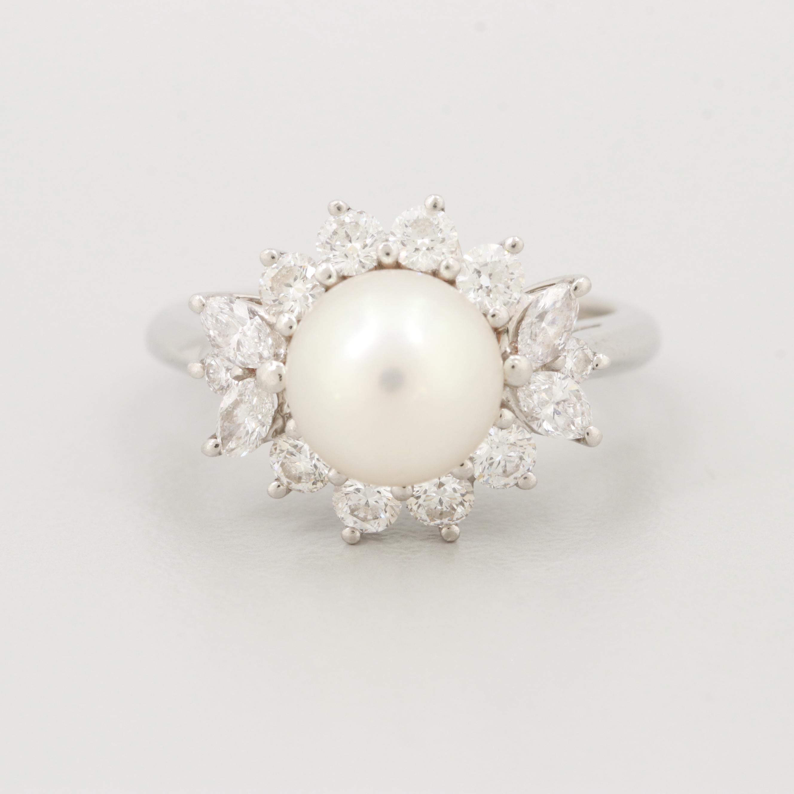 Tiffany & Co. Platinum Cultured Pearl and Diamond Ring