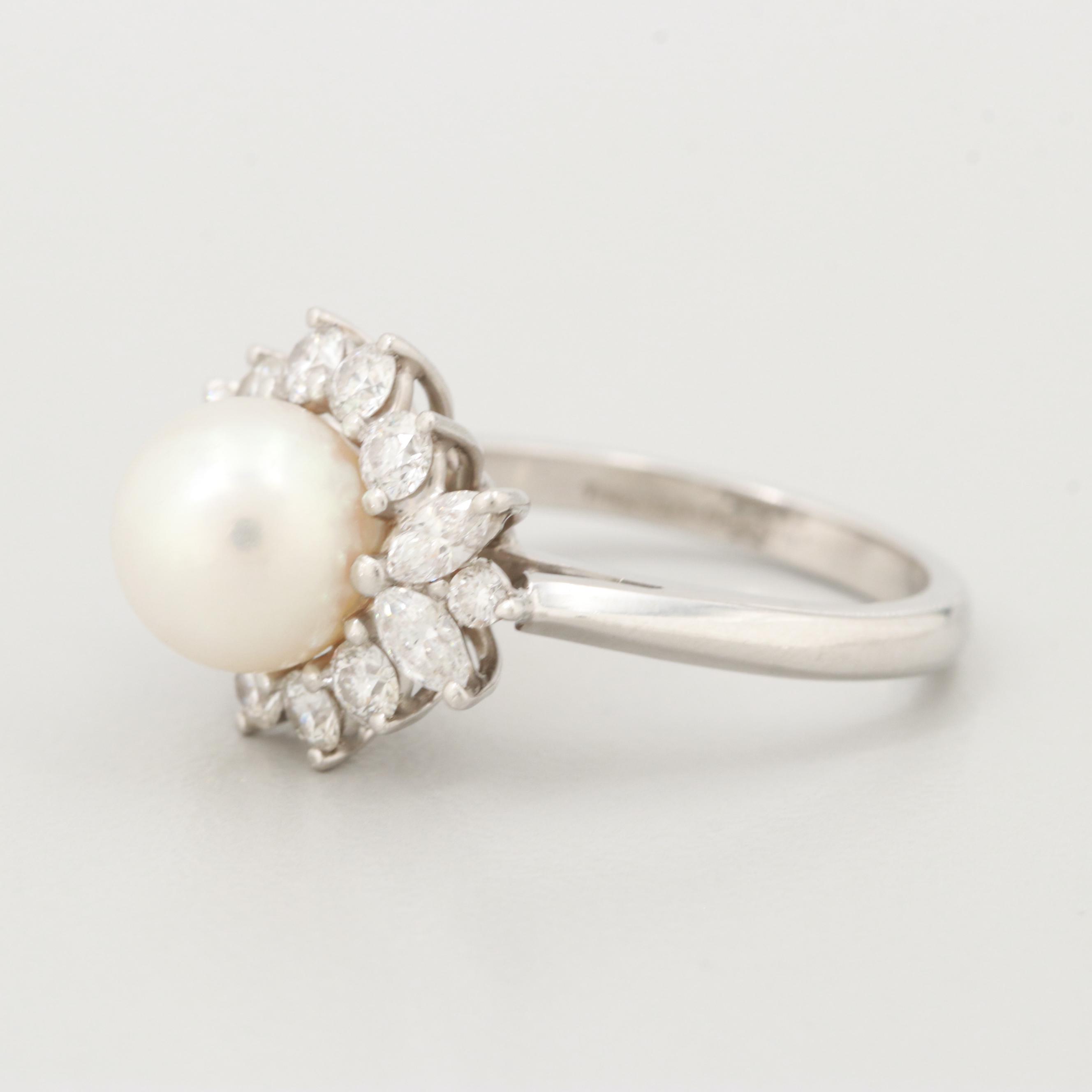 Tiffany & Co. Platinum Cultured Pearl and Diamond Ring