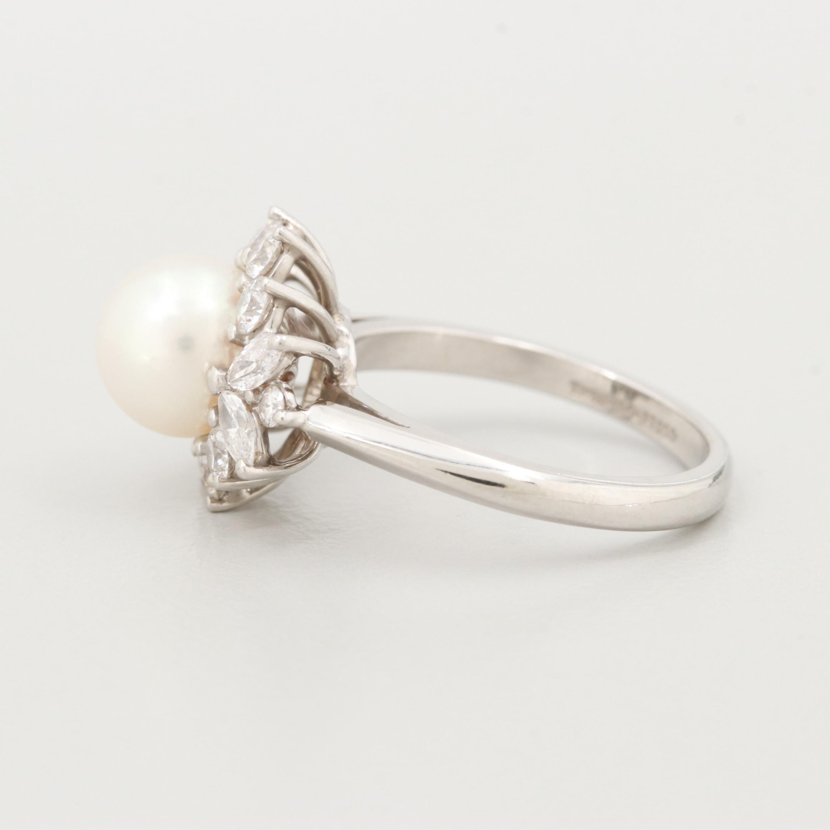 Tiffany & Co. Platinum Cultured Pearl and Diamond Ring