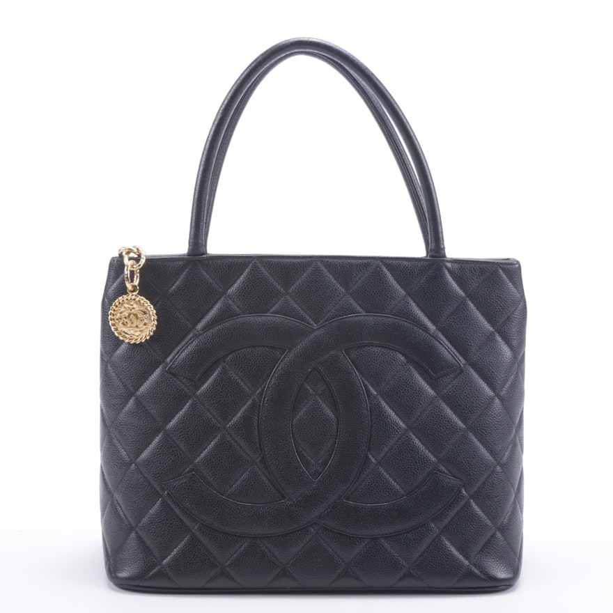 Chanel Quilted Black Caviar Leather Medallion Tote