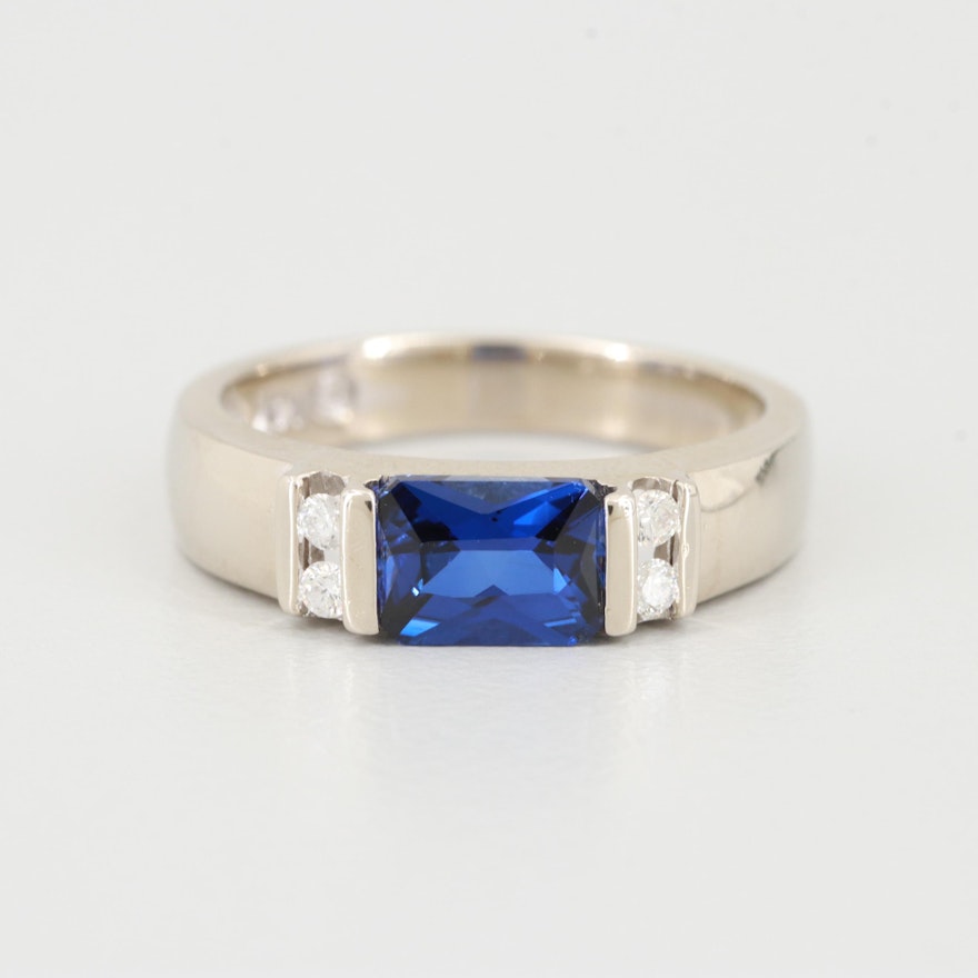 14K White Gold Synthetic Sapphire and Diamond Ring