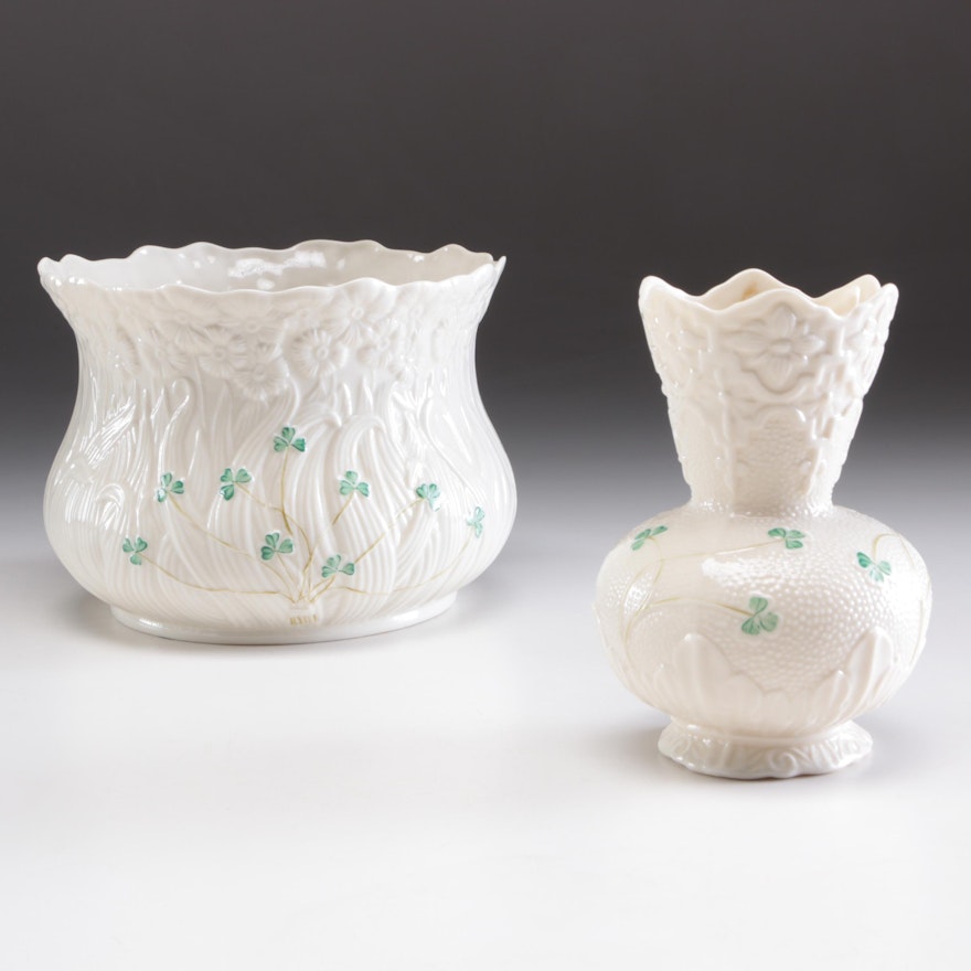 Belleek Porcelain "Shamrock" Planter and Vase, Mid to Late 20th Century