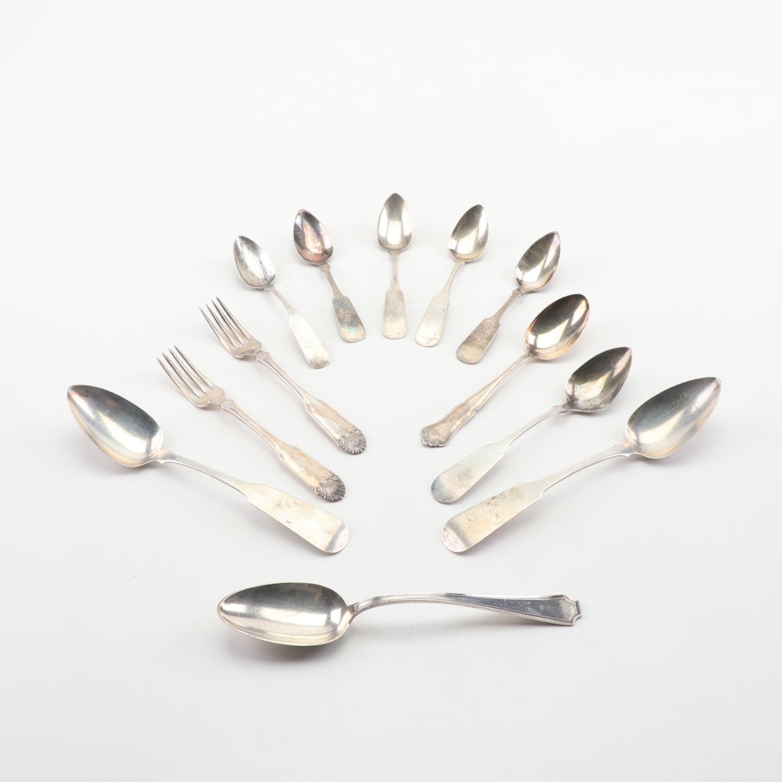 Mixed Serving Utensils and Flatware of Sterling Silver and Coin Silver