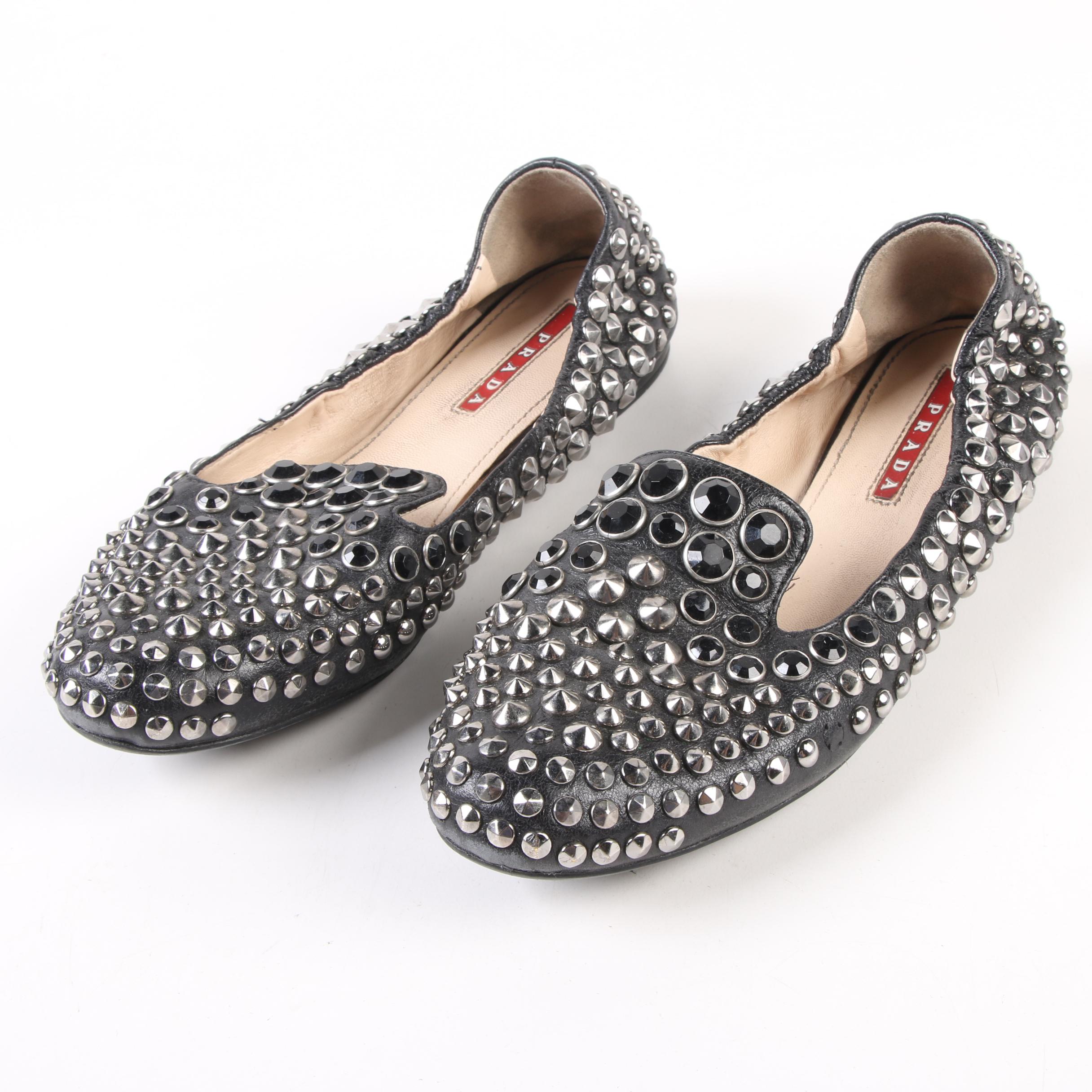 Prada Black Leather, Stud and Crystal Embellished Flats