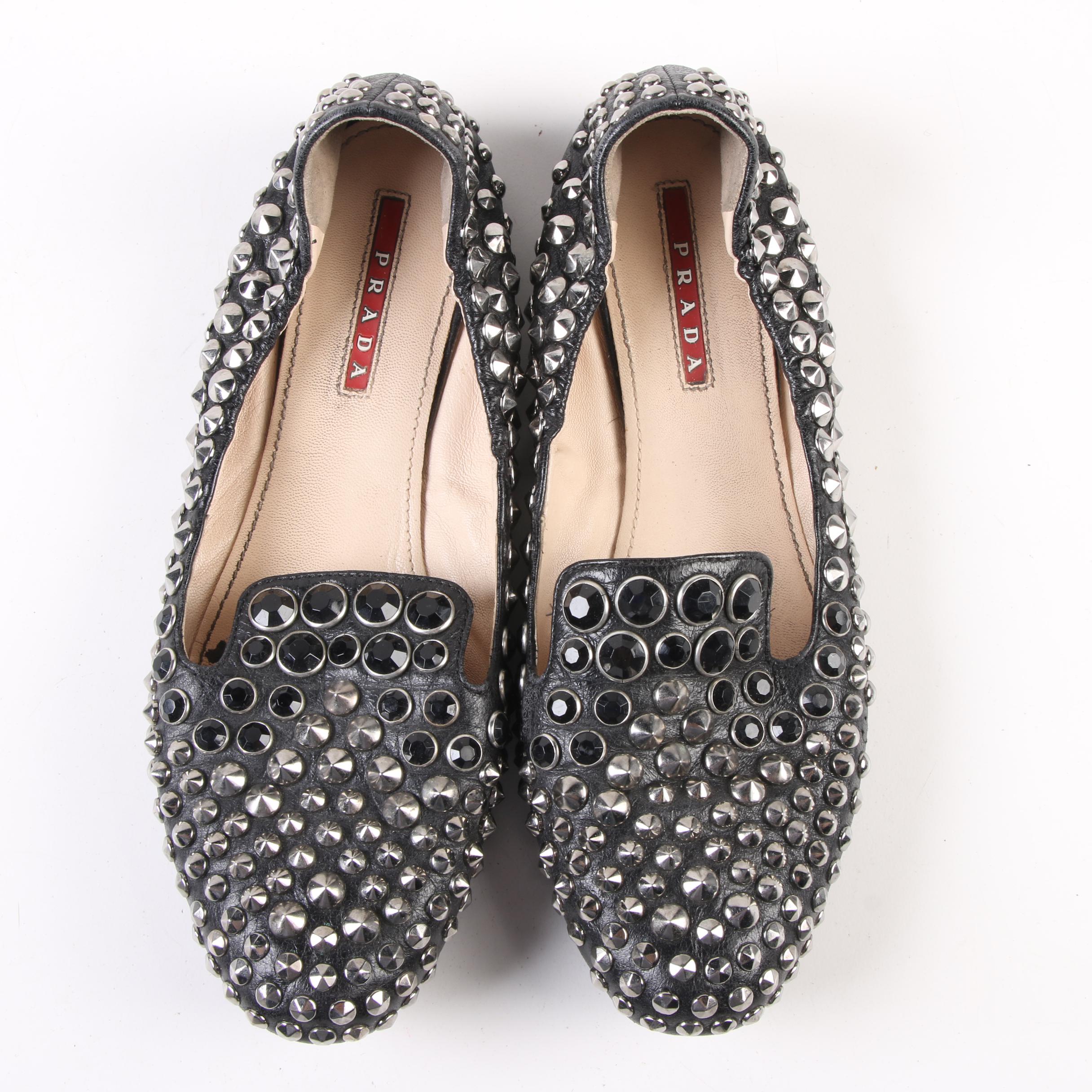 Prada Black Leather, Stud and Crystal Embellished Flats