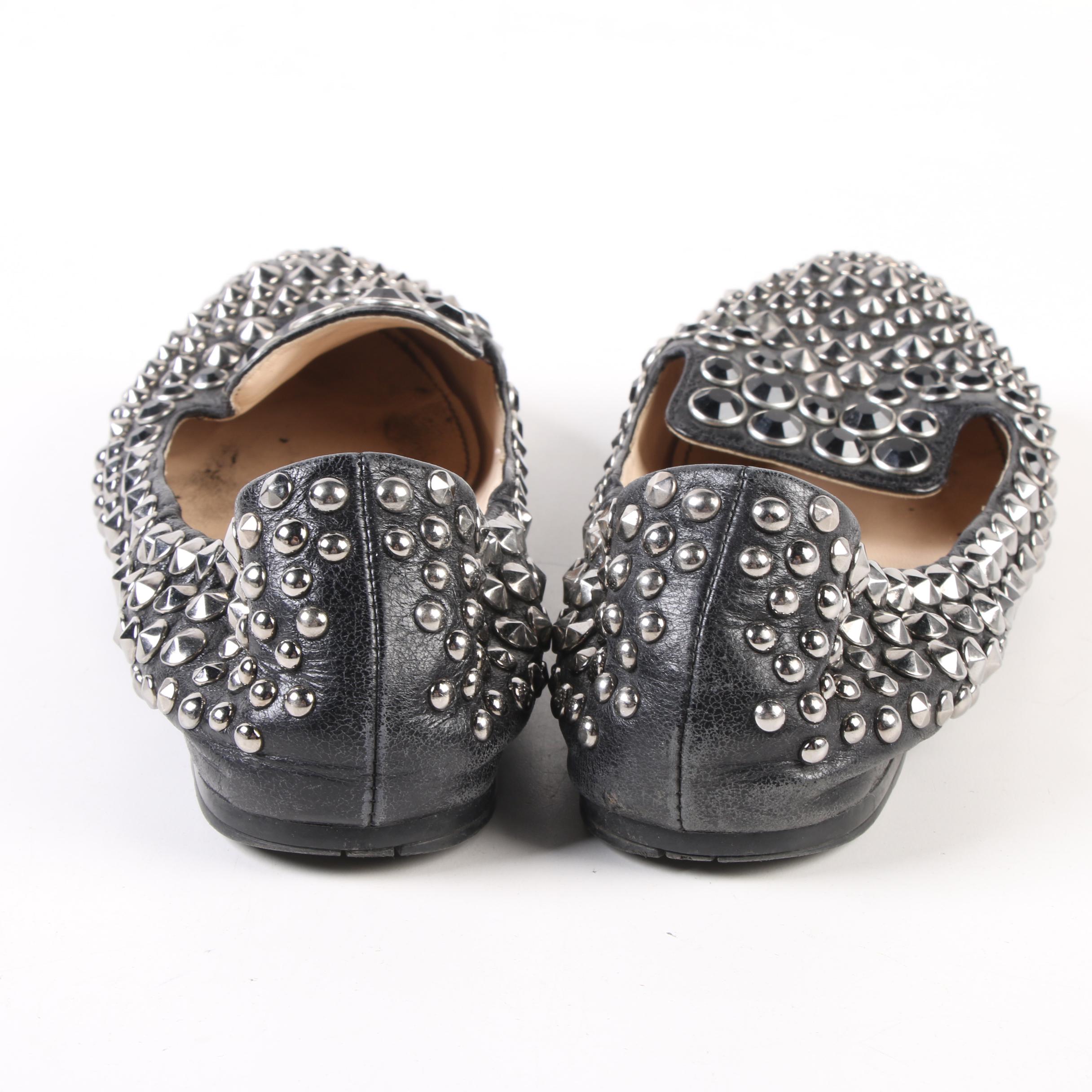 Prada Black Leather, Stud and Crystal Embellished Flats