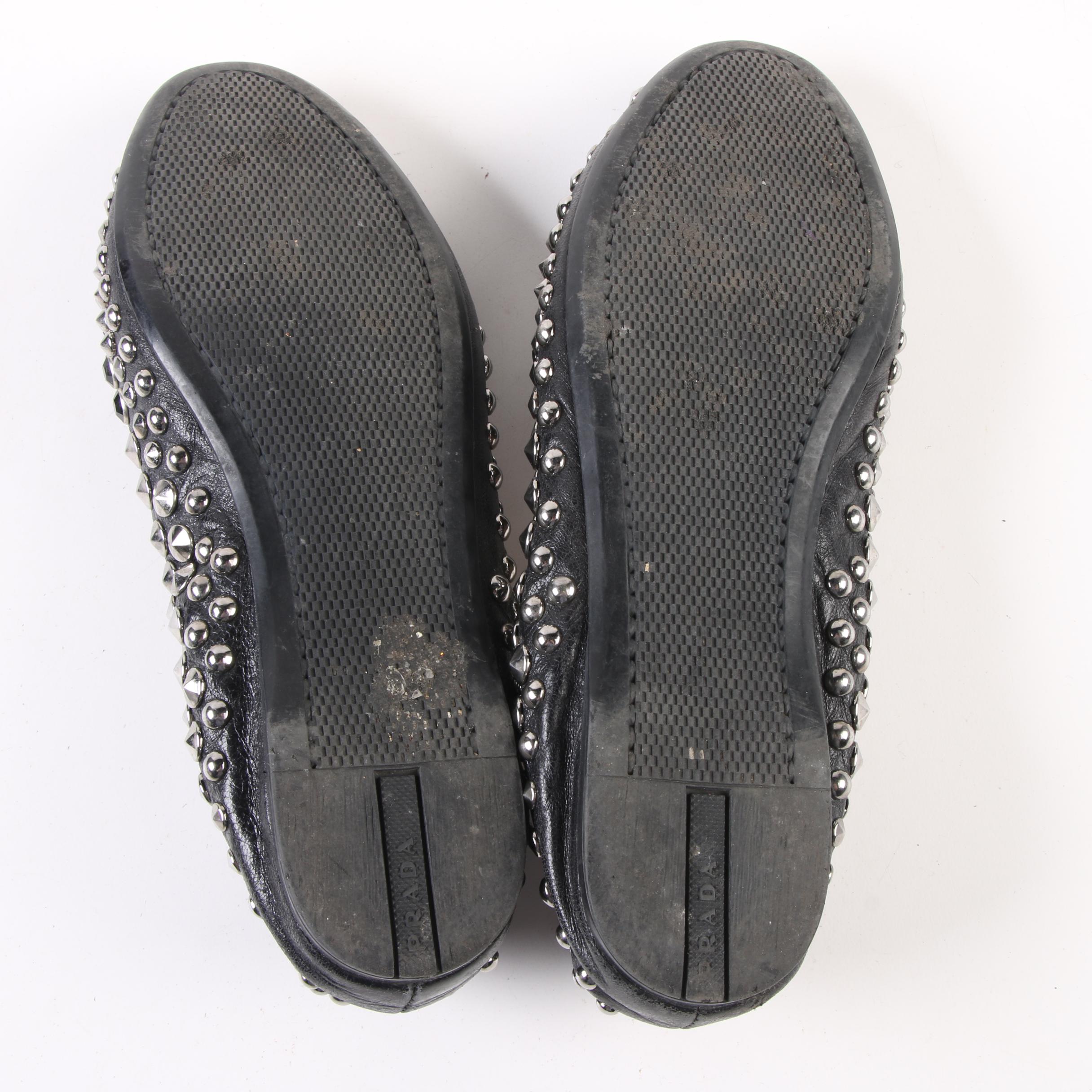 Prada Black Leather, Stud and Crystal Embellished Flats