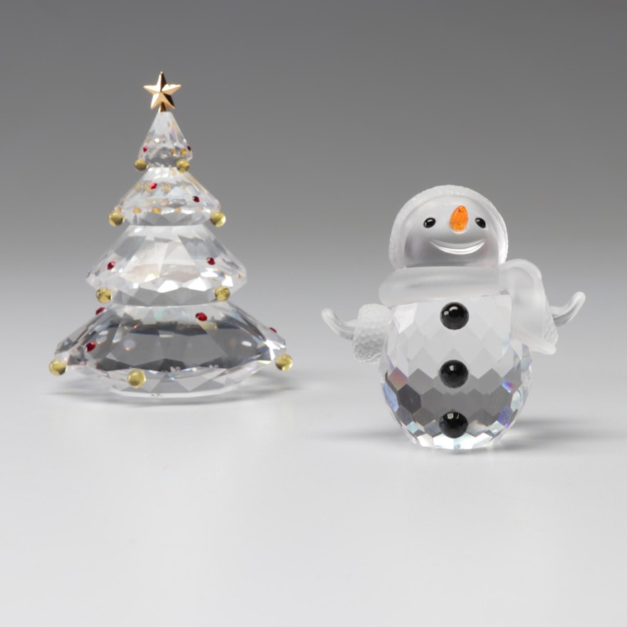 Swarovski Crystal Snowman and Christmas Tree Figurine