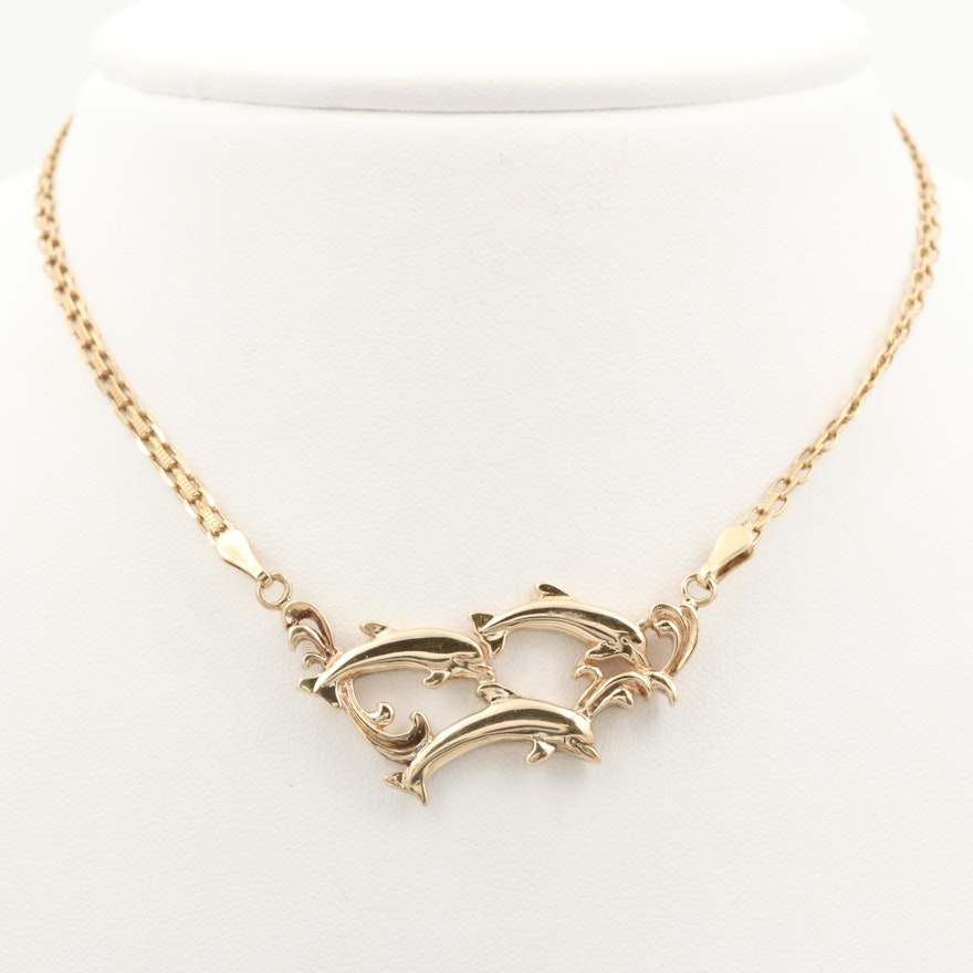 14K Yellow Gold Dolphin Motif Necklace