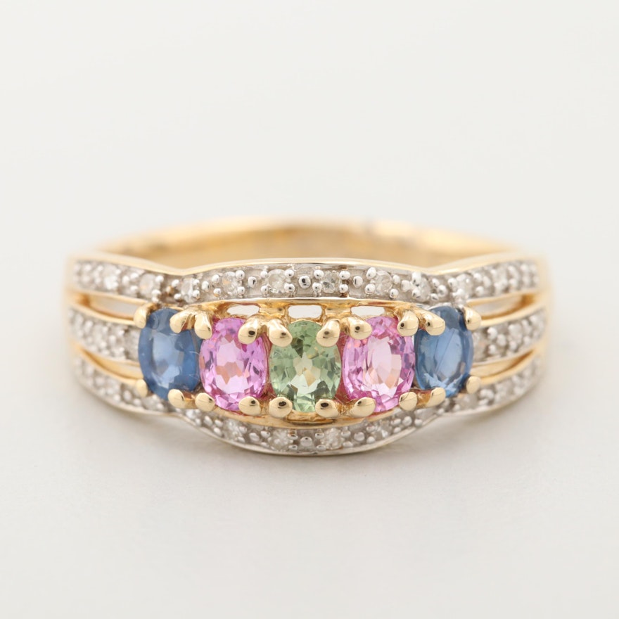 14K Yellow Gold Multi Colored Sapphire and Diamond Ring