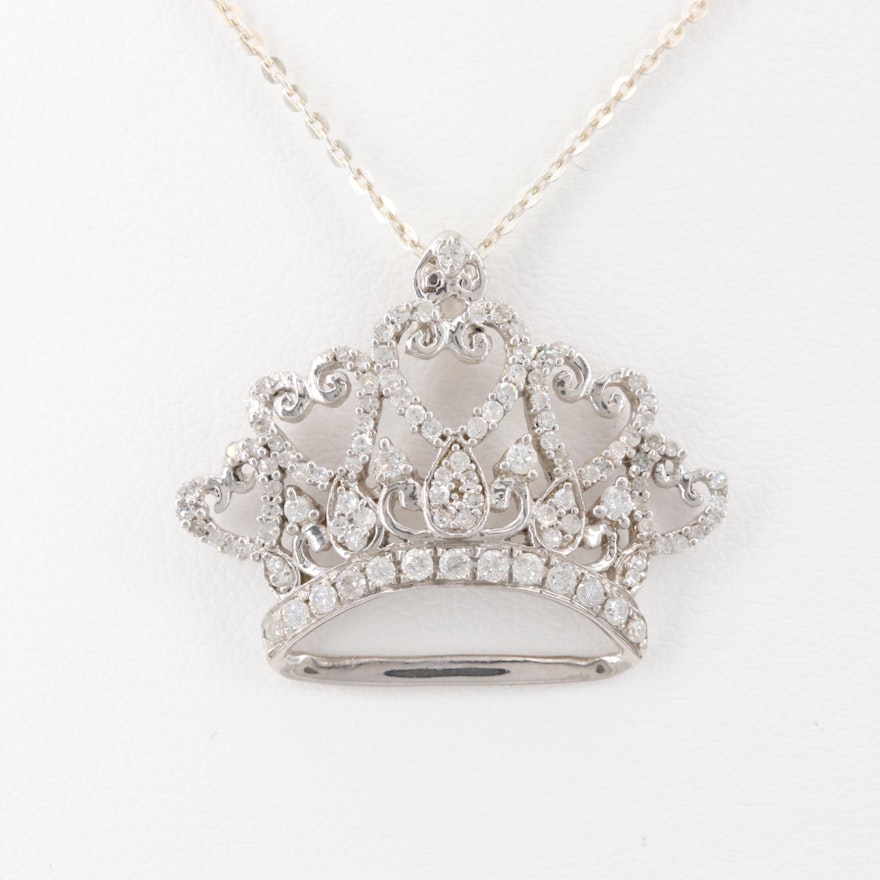 Sterling Silver Diamond Crown Pendant Necklace