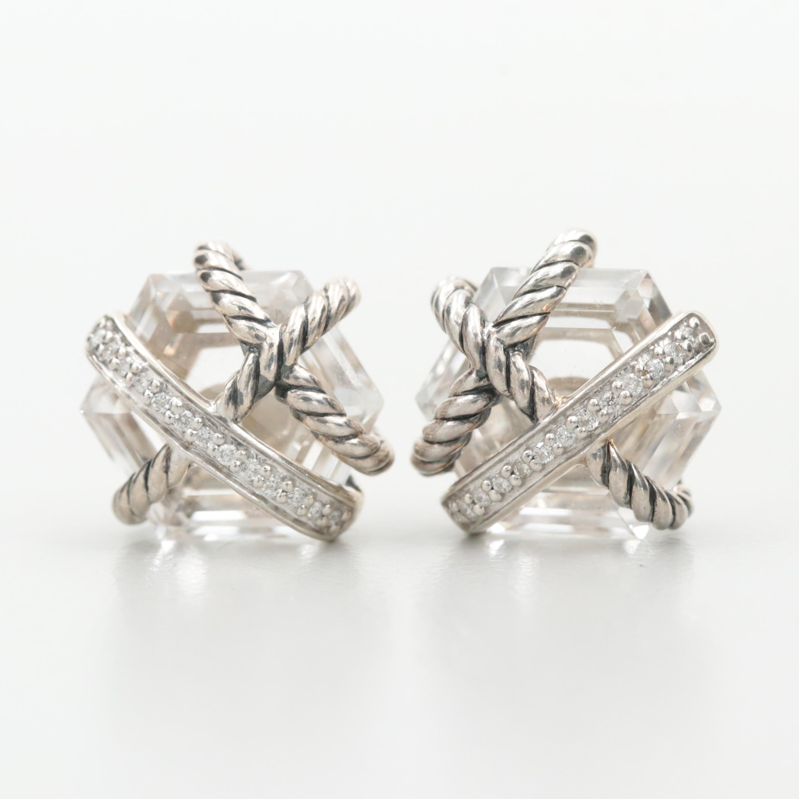 David Yurman Sterling Silver Quartz and Diamond Cable Wrap Stud Earrings