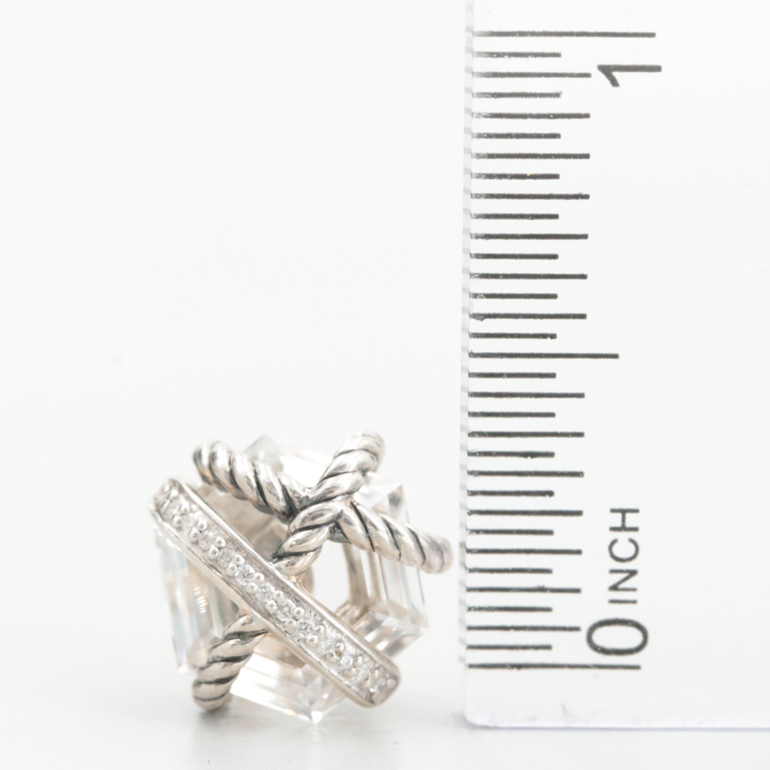 David Yurman Sterling Silver Quartz and Diamond Cable Wrap Stud Earrings