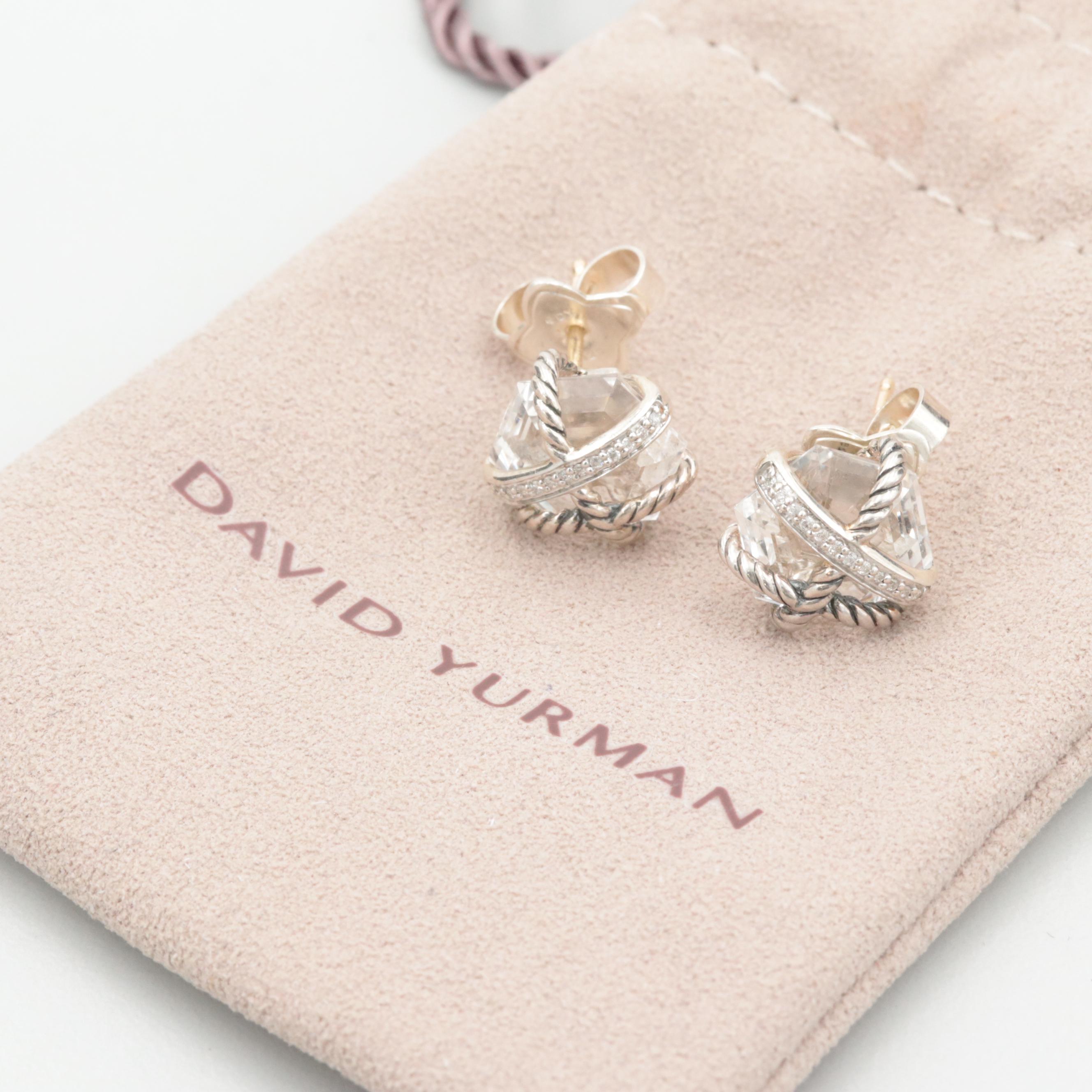 David Yurman Sterling Silver Quartz and Diamond Cable Wrap Stud Earrings