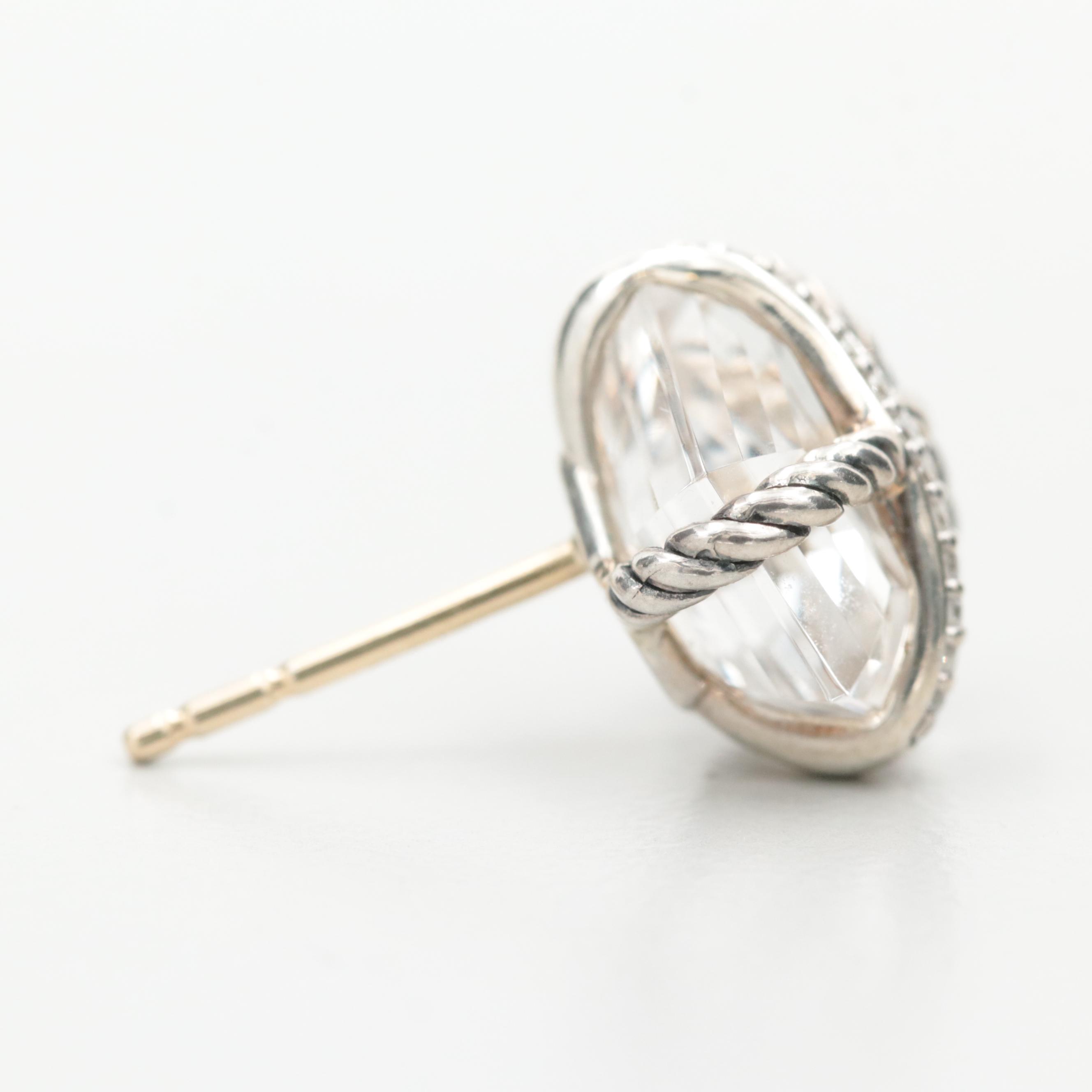 David Yurman Sterling Silver Quartz and Diamond Cable Wrap Stud Earrings