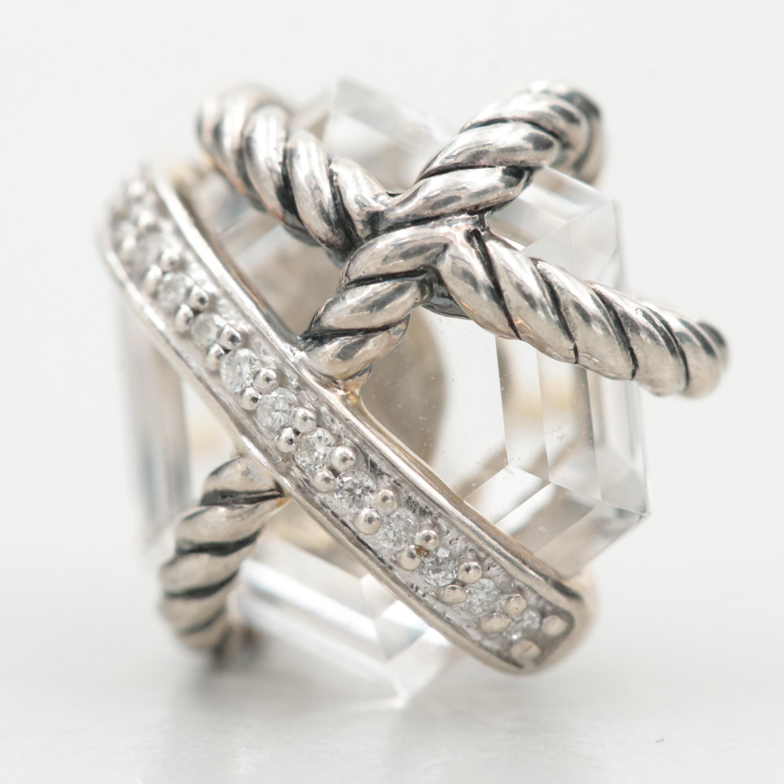 David Yurman Sterling Silver Quartz and Diamond Cable Wrap Stud Earrings