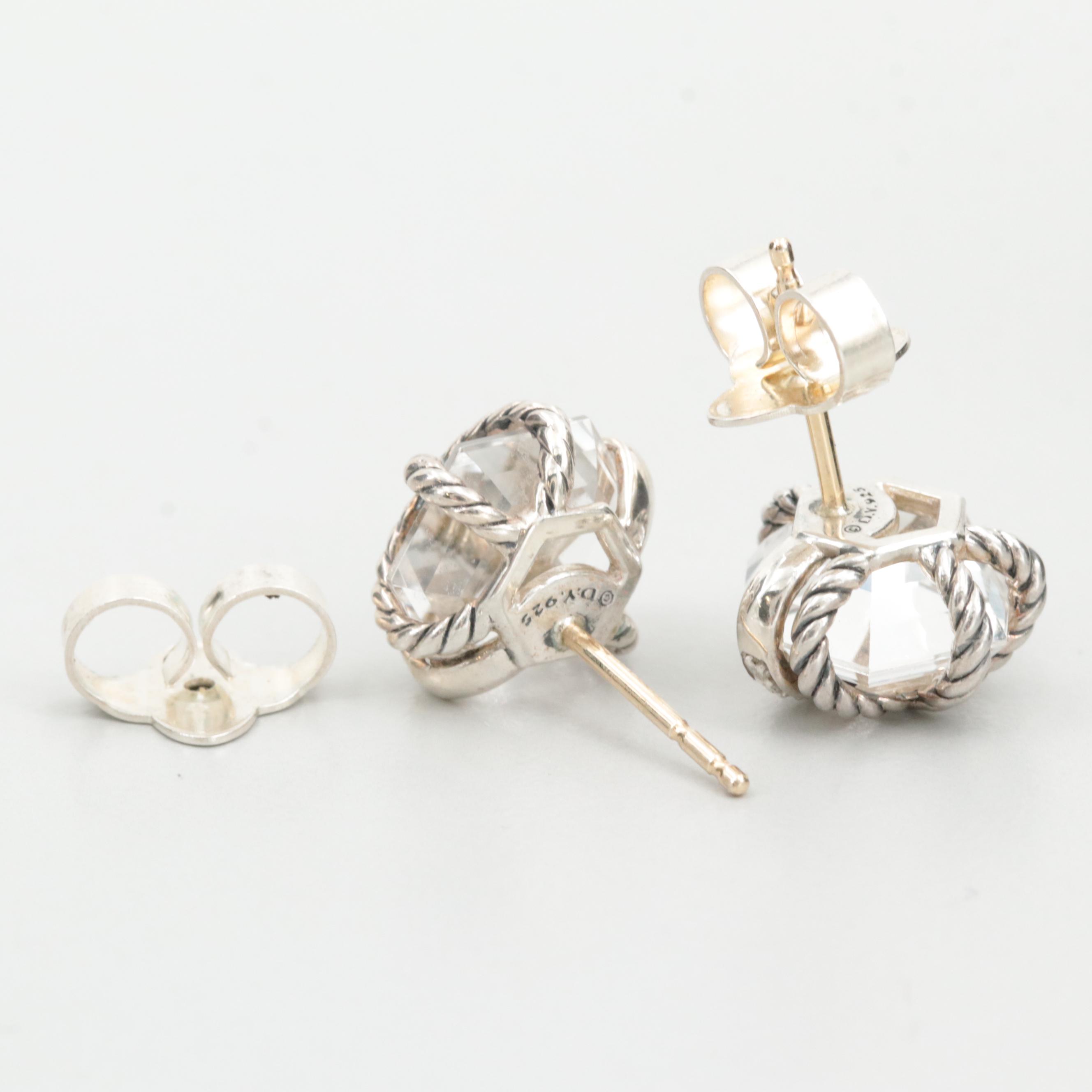 David Yurman Sterling Silver Quartz and Diamond Cable Wrap Stud Earrings