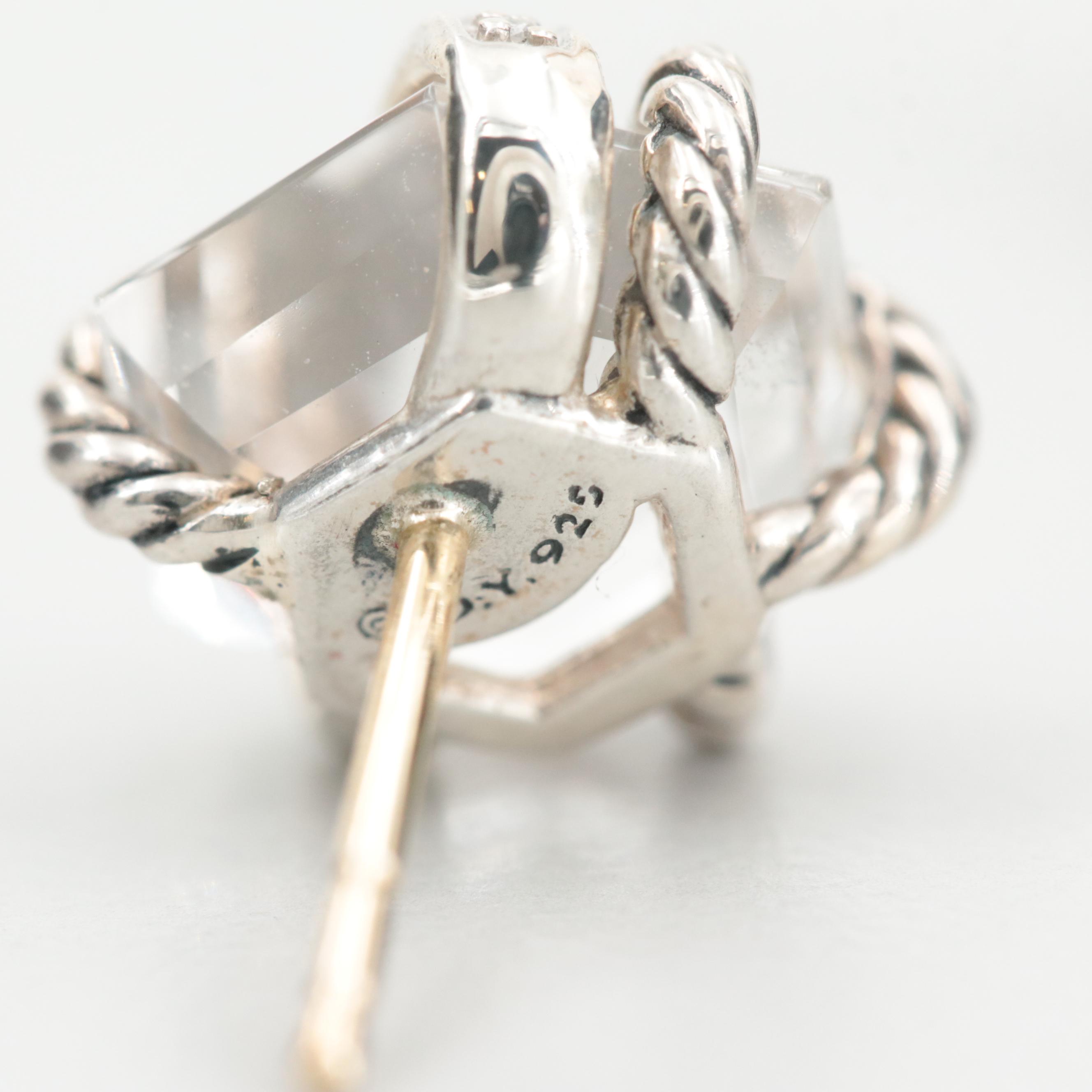 David Yurman Sterling Silver Quartz and Diamond Cable Wrap Stud Earrings