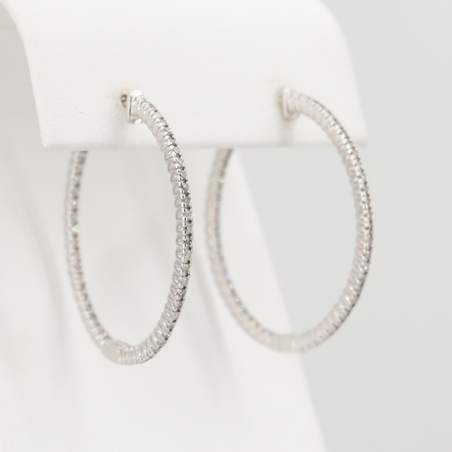 14K White Gold 1.00 CTW Diamond Inside Outside Hoop Earrings