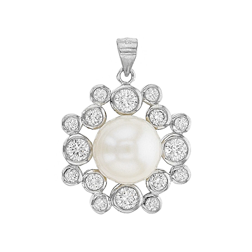 Sterling Silver Cultered Pearl and Diamond Simulant Pendant