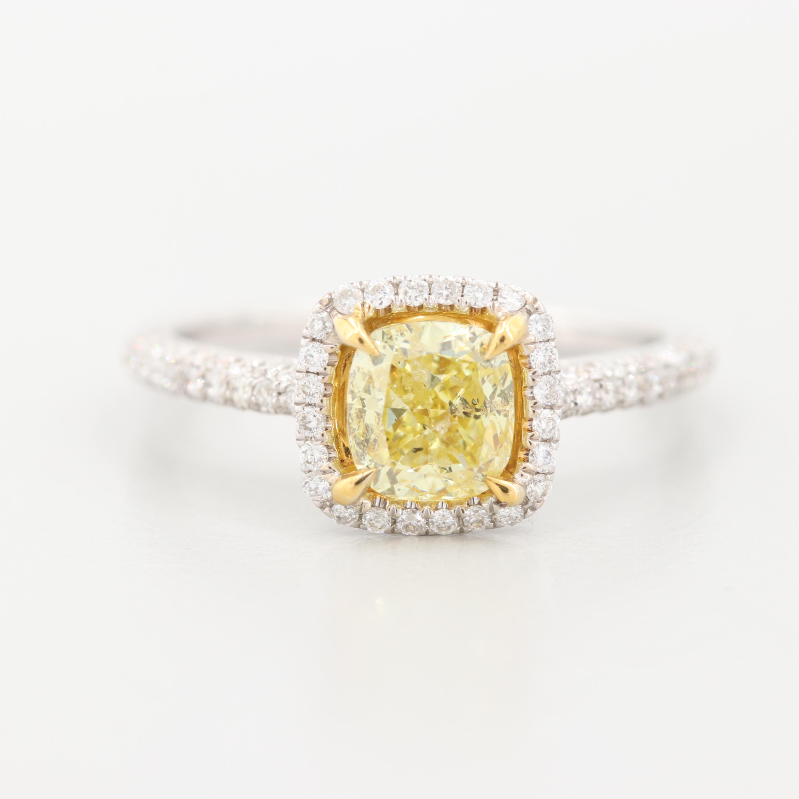 18K White Gold 1.45 CTW Fancy Intense Yellow Diamond Ring with GIA Report