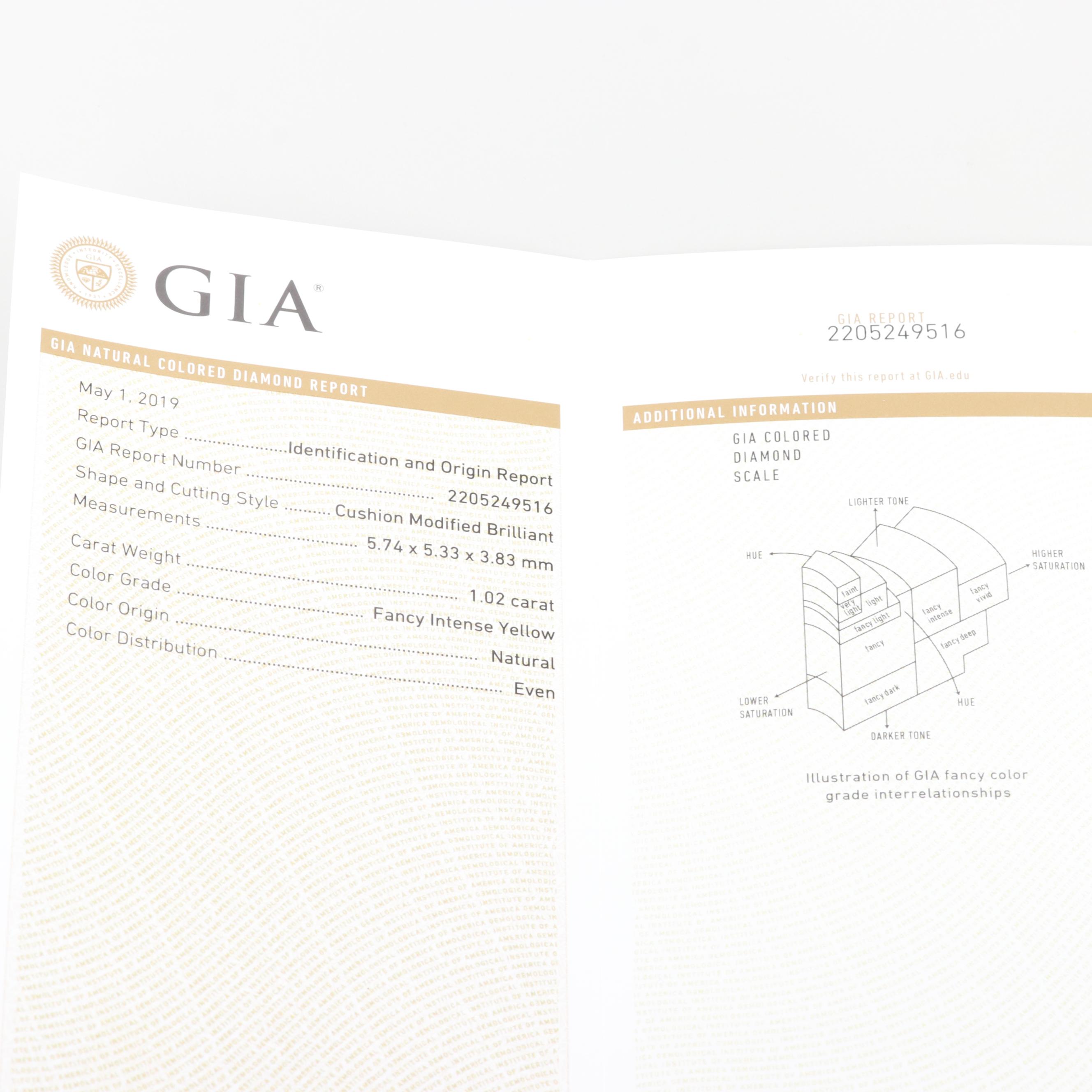 18K White Gold 1.45 CTW Fancy Intense Yellow Diamond Ring with GIA Report