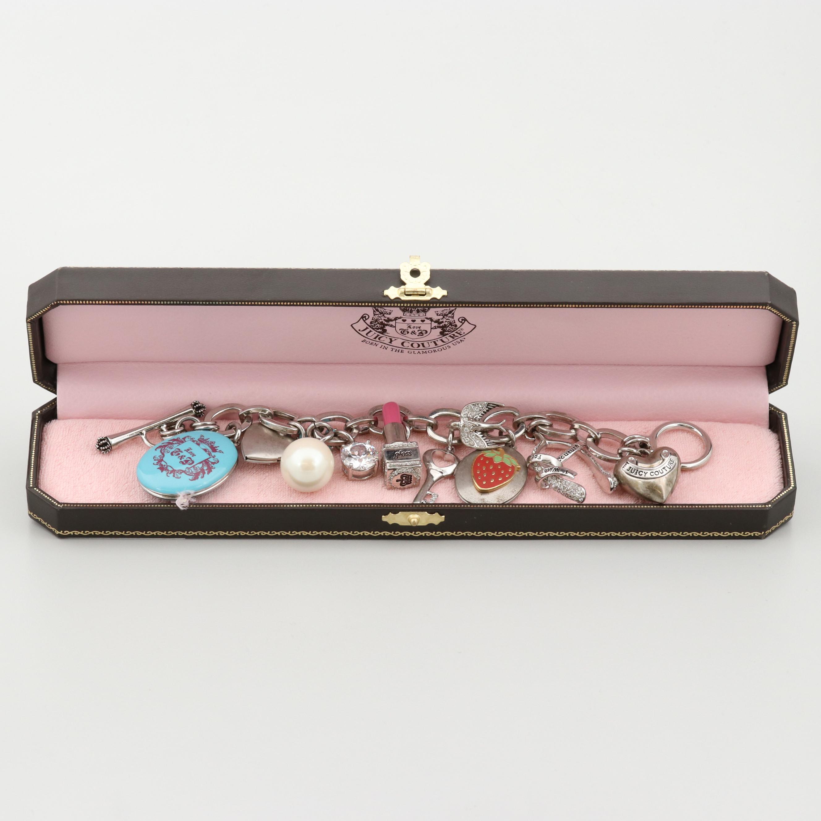Juicy Couture Silver Tone Imitation Pearl and Cubic Zirconia Charm Bracelet