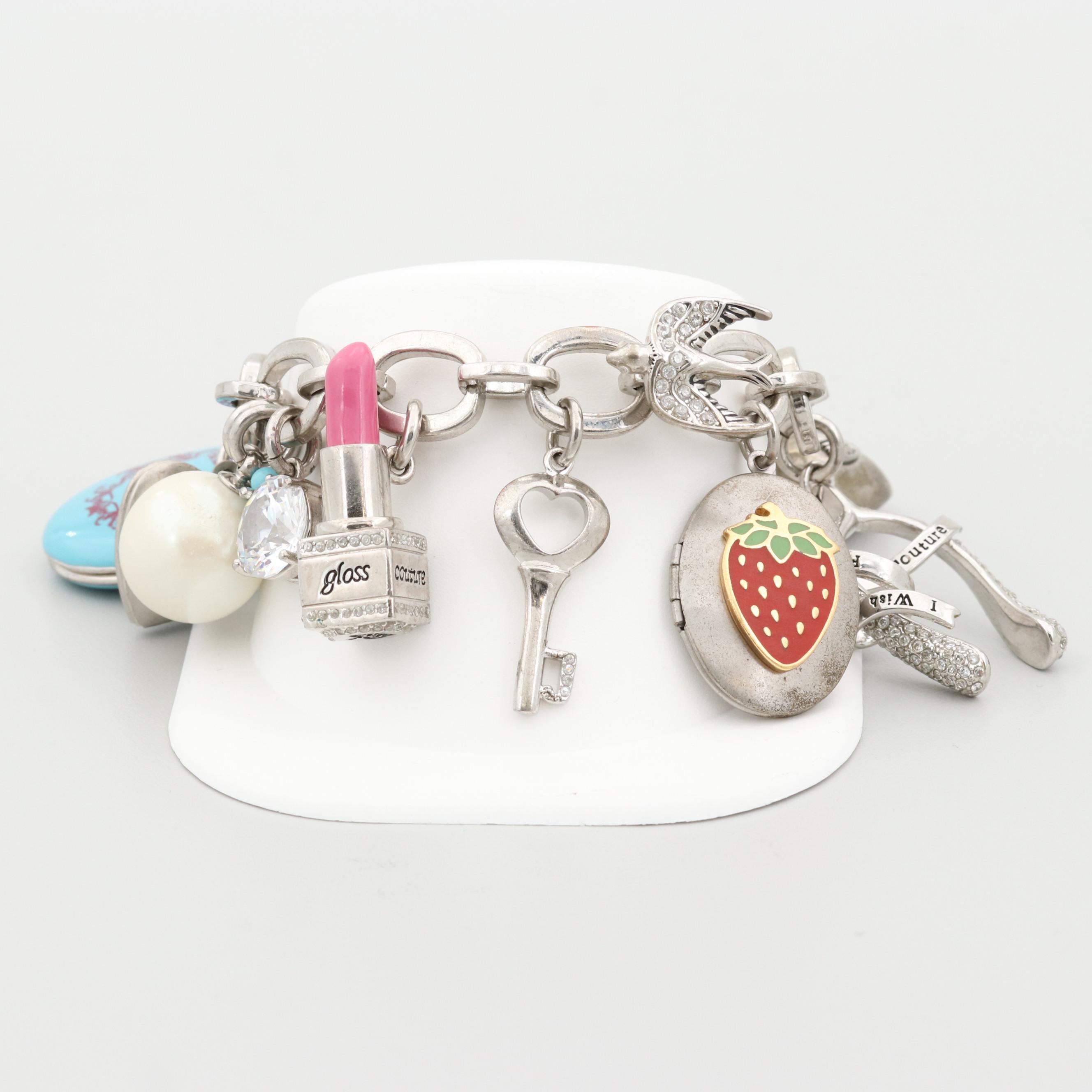 Juicy Couture Silver Tone Imitation Pearl and Cubic Zirconia Charm Bracelet