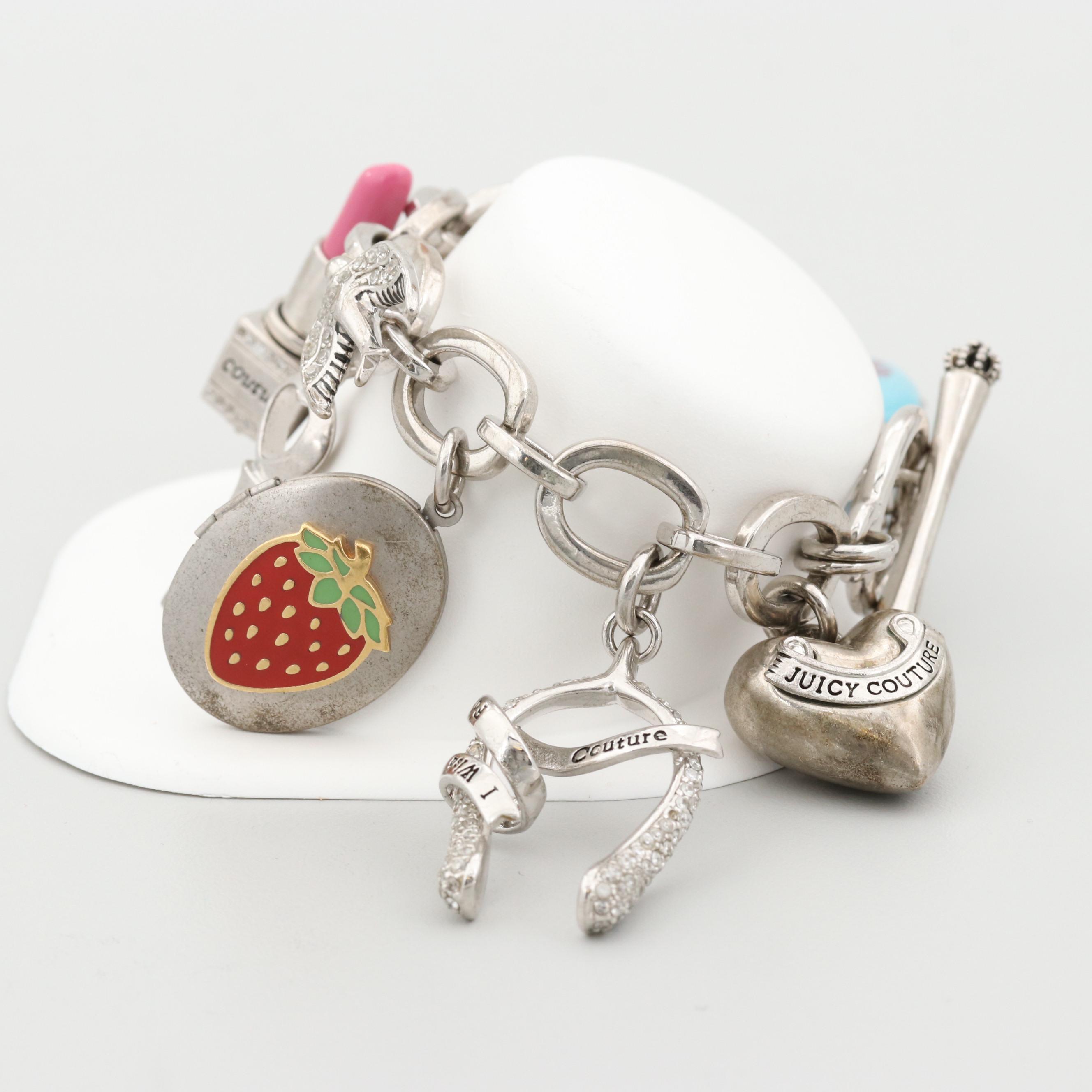 Juicy Couture Silver Tone Imitation Pearl and Cubic Zirconia Charm Bracelet